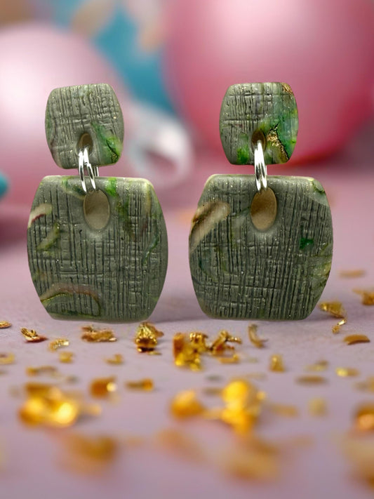 Textured Green Polymer Clay Earrings – Handmade Geometric Dangle