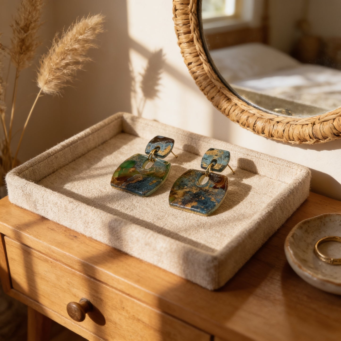 a pair of green and blue earrings displayed on a beige tray, placed on a wooden dresser next to a round mirror.