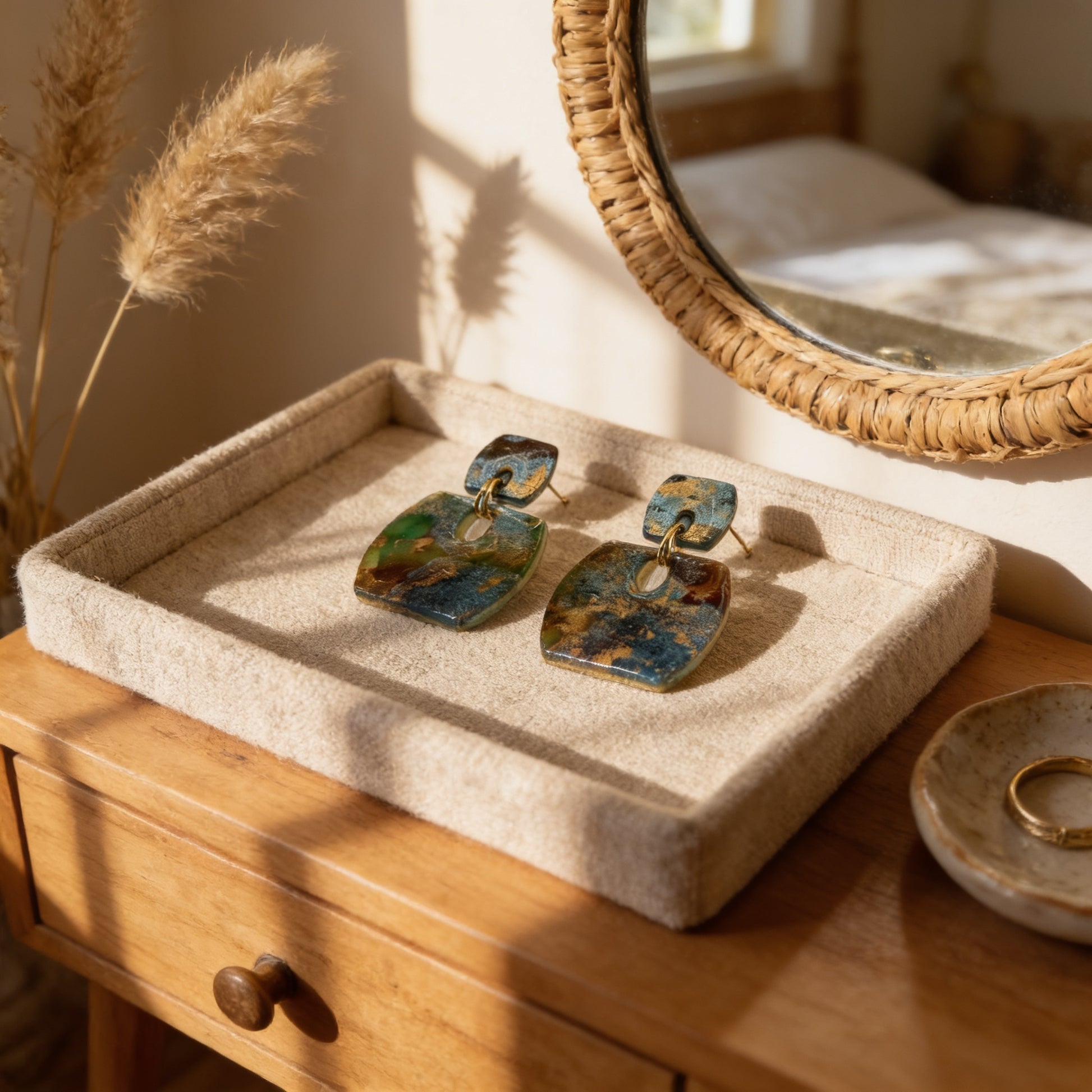 a pair of green and blue earrings displayed on a beige tray, placed on a wooden dresser next to a round mirror.