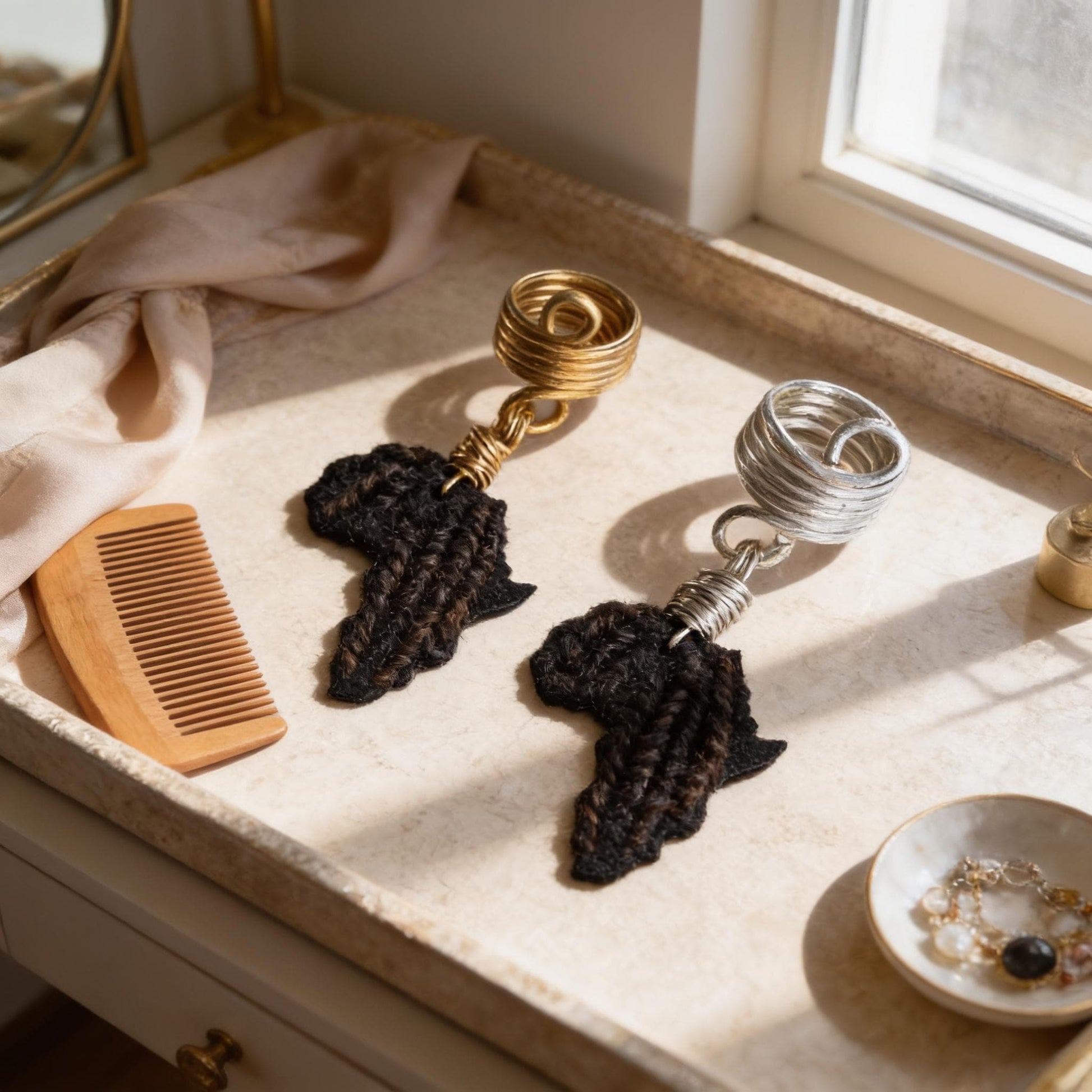 a pair of earrings with African continent designs, placed on a white surface next to a wooden comb and a small bowl containing jewelry.