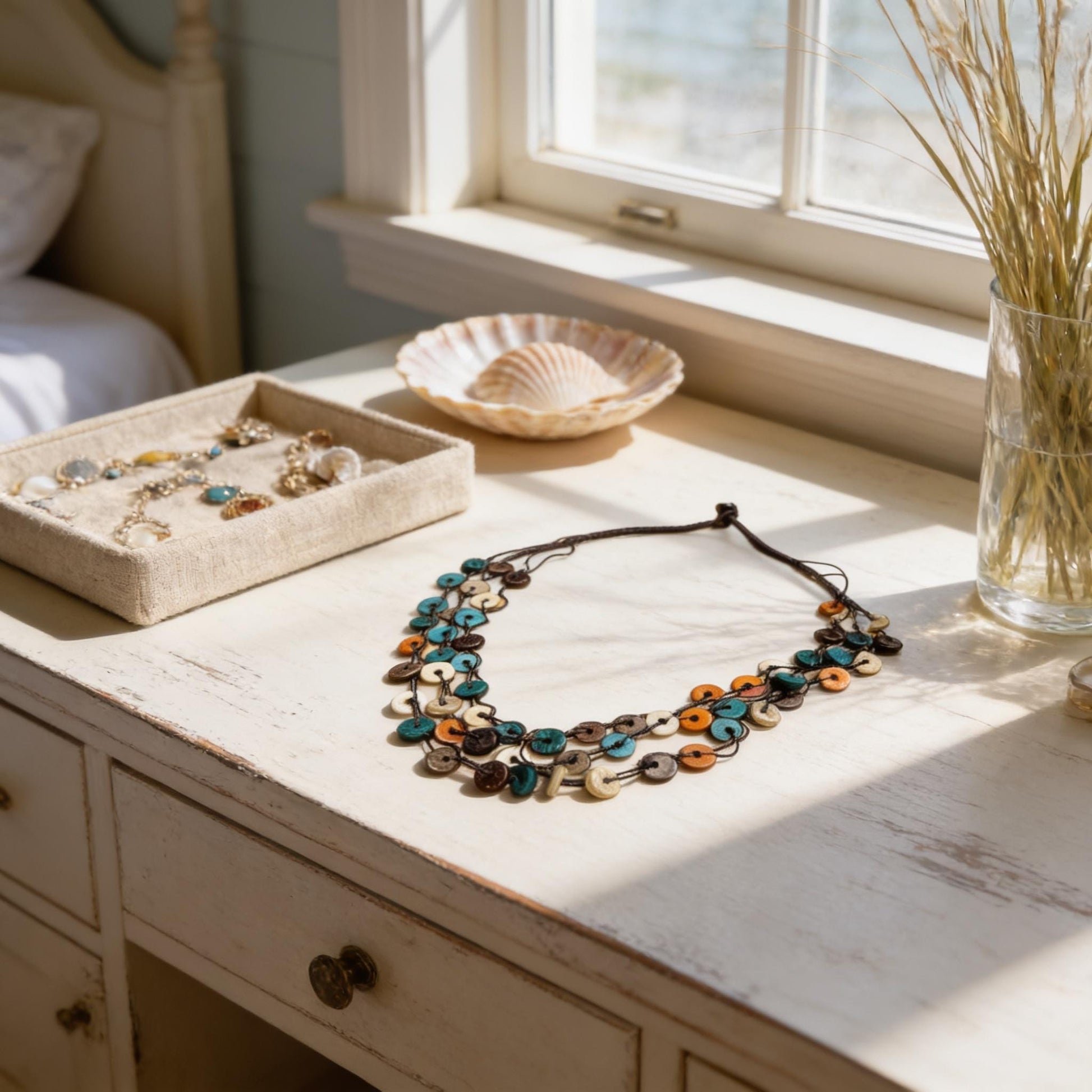 a white dresser with a necklace, a small bowl with a seashell, and a vase with dried grasses.