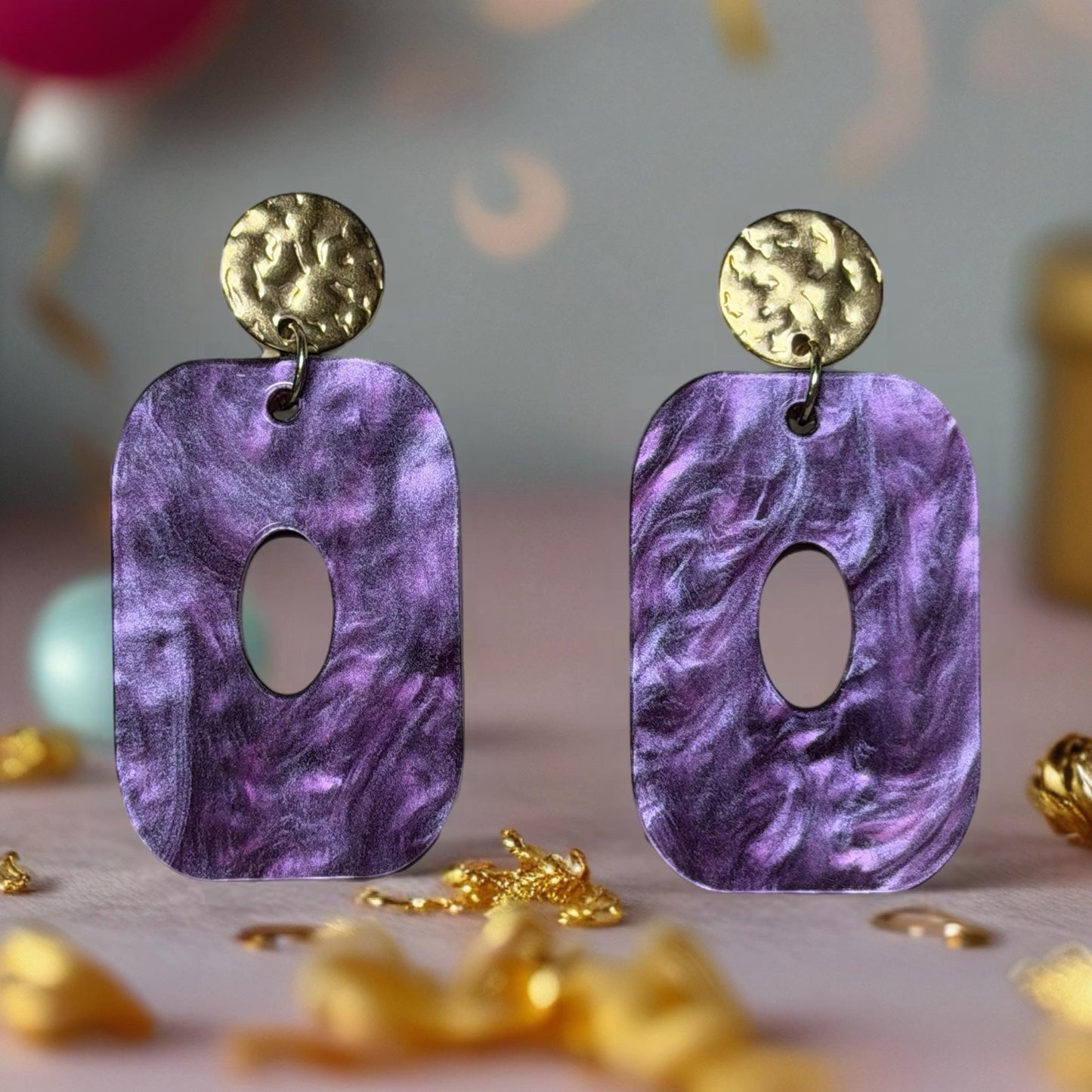 Statement Earrings, Sculptural Resin Geometry | Gold-Tone Accents | Handmade | Bold | 2 Inches
