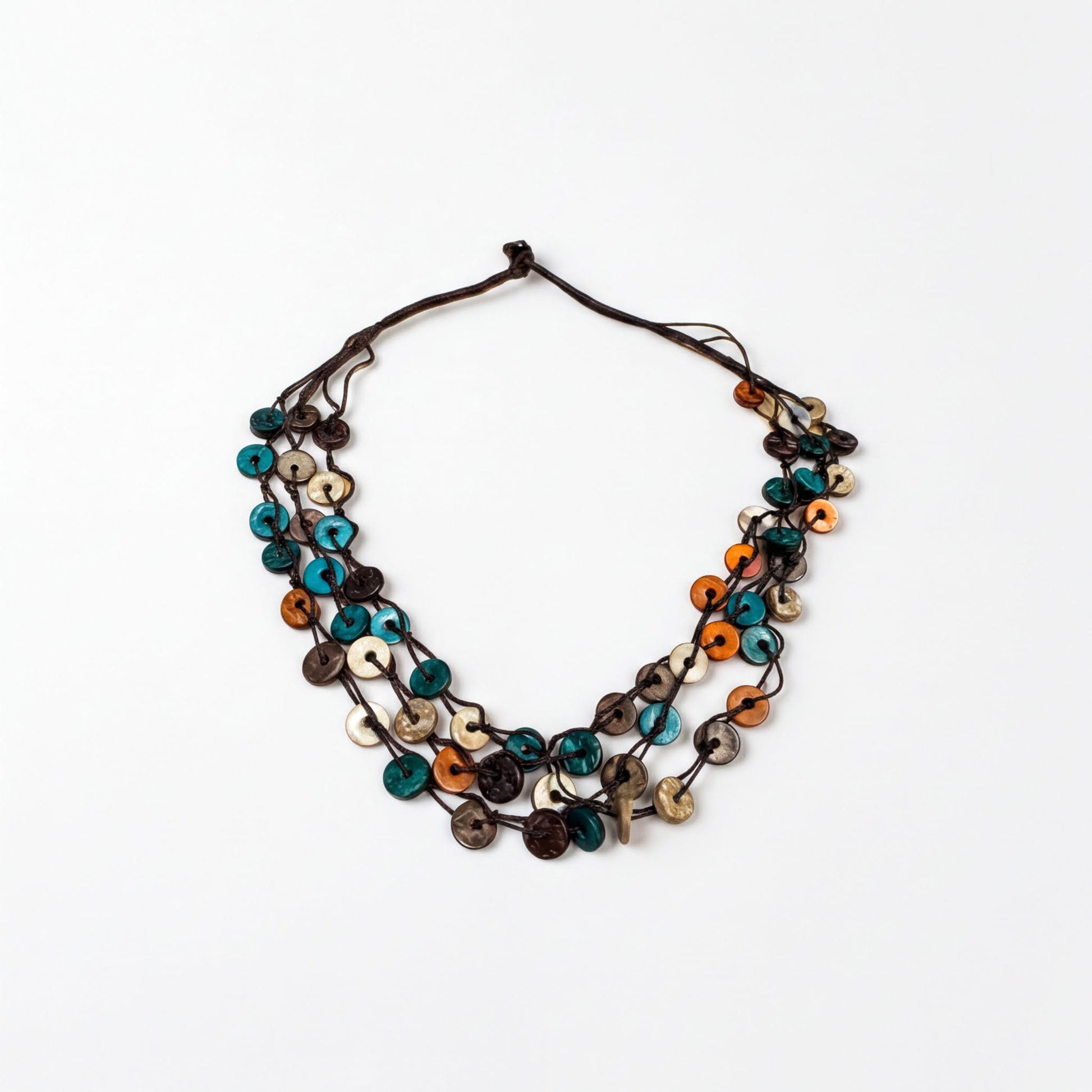 A colorful beaded necklace with various shades of blue, orange, and brown beads arranged in a layered design.