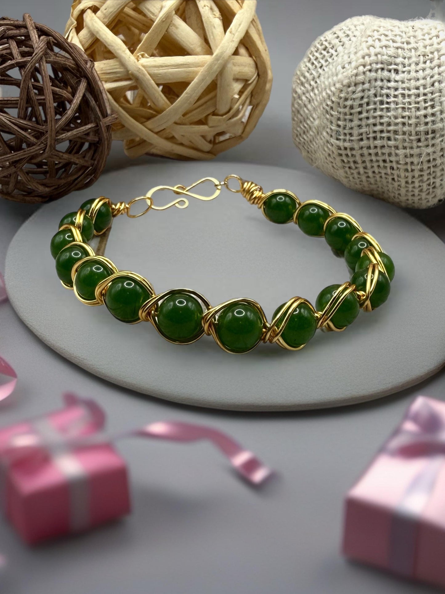 Handmade Gemstone Bangle Bracelet – Wire Wrapped, Natural Stone
