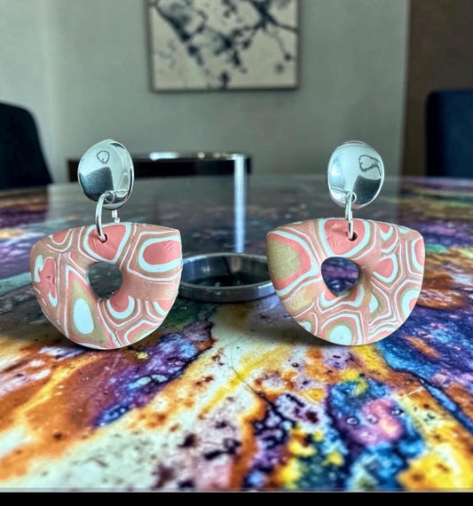 Statement Earrings, Coral Ivory Geometric Polymer Clay Dangles | Lightweight Boho | Artisan Jewelry