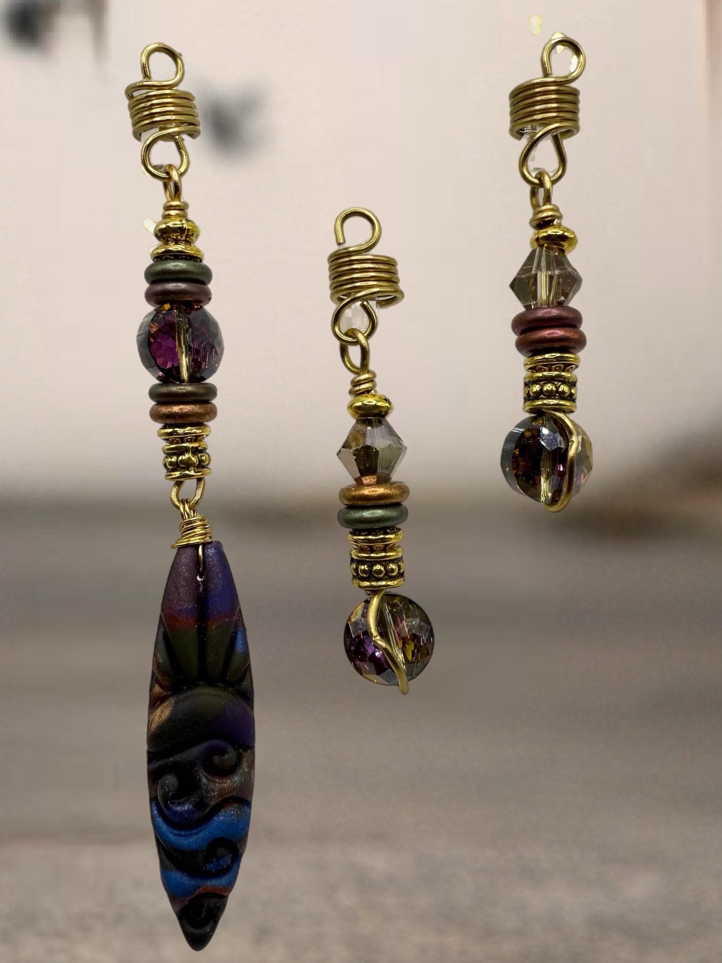 RoyalAura | Loc Jewelry Adornment Set - Jewel-Toned Glass, Gold Wire, Polymer Charm, Braided Wear