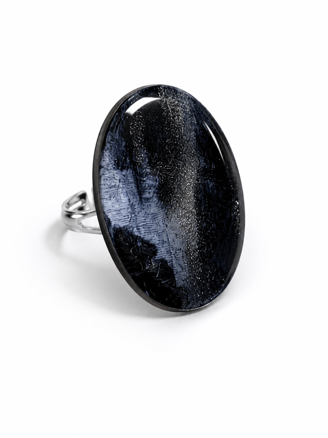 Midnight Muse Black & Blue Hand-Painted Oval Statement Ring – Adjustable Boho Jewelry
