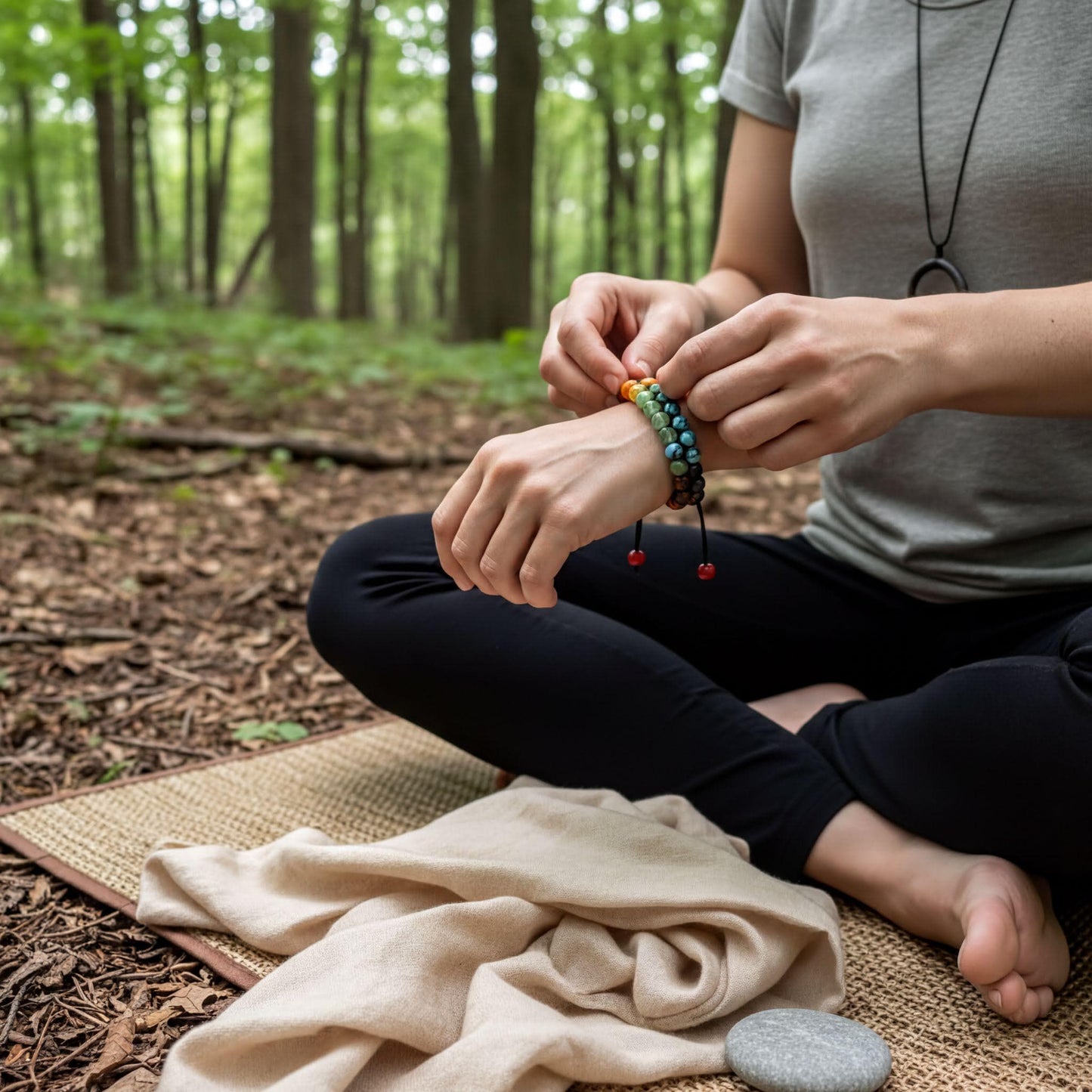 A person is sitting on the ground in a forest, tying a colorful bracelet around their wrist.