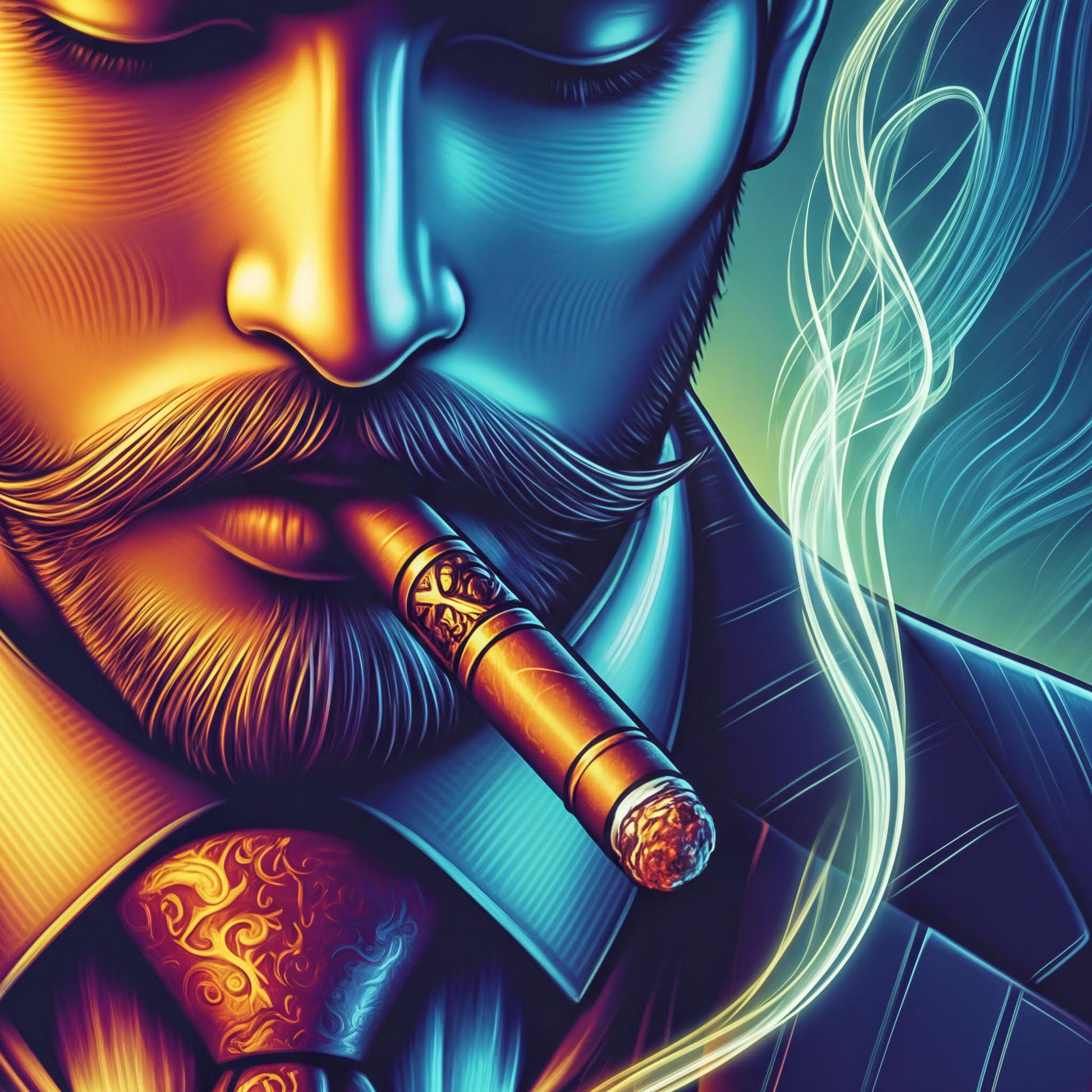 a close-up of a man's face, with a cigar in his mouth and smoke coming out of it. The man is wearing a suit and tie, giving the impression of a formal or professional setting.