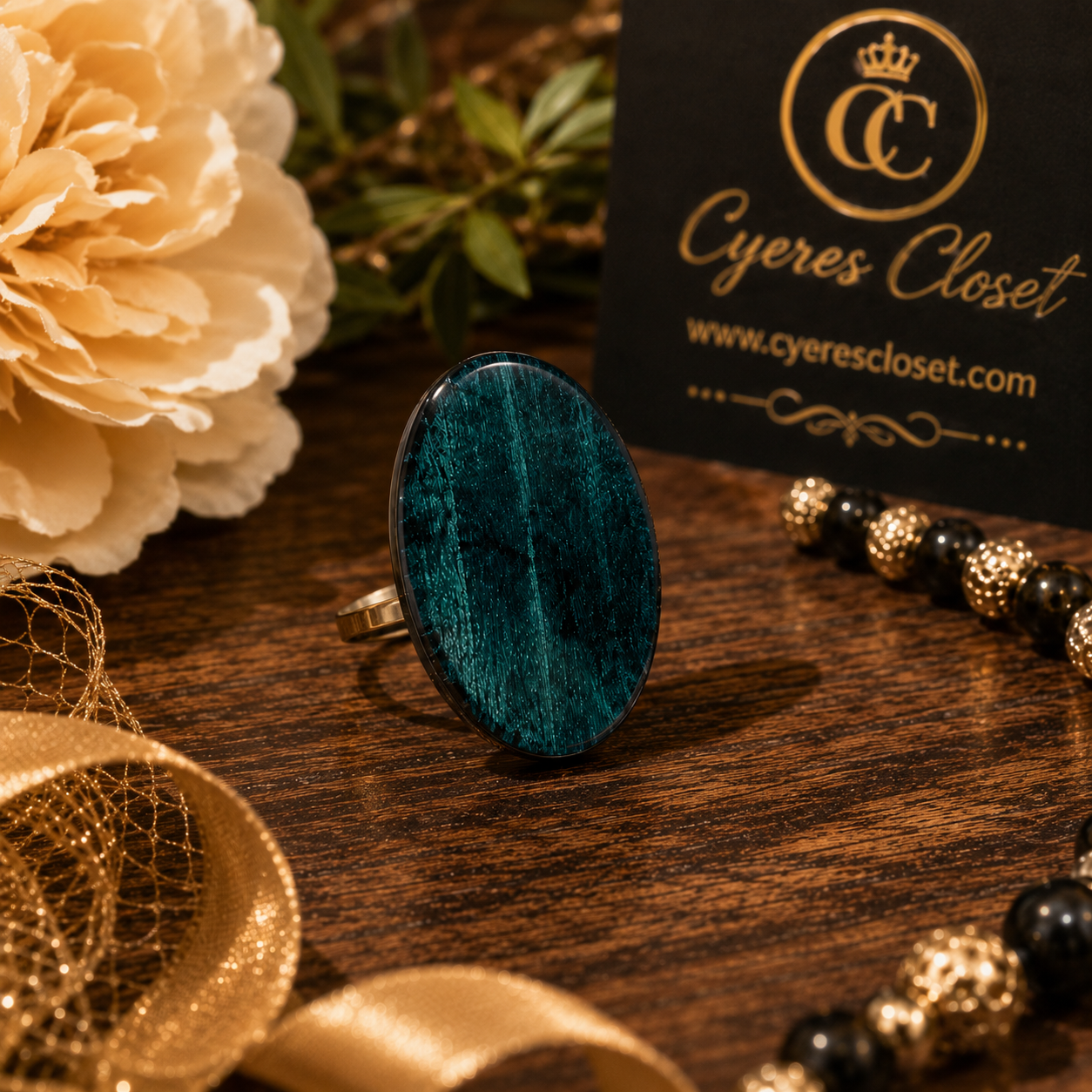 Deep Turquoise Tides Boho Statement Ring – Hand-Painted Basswood Adjustable Ring