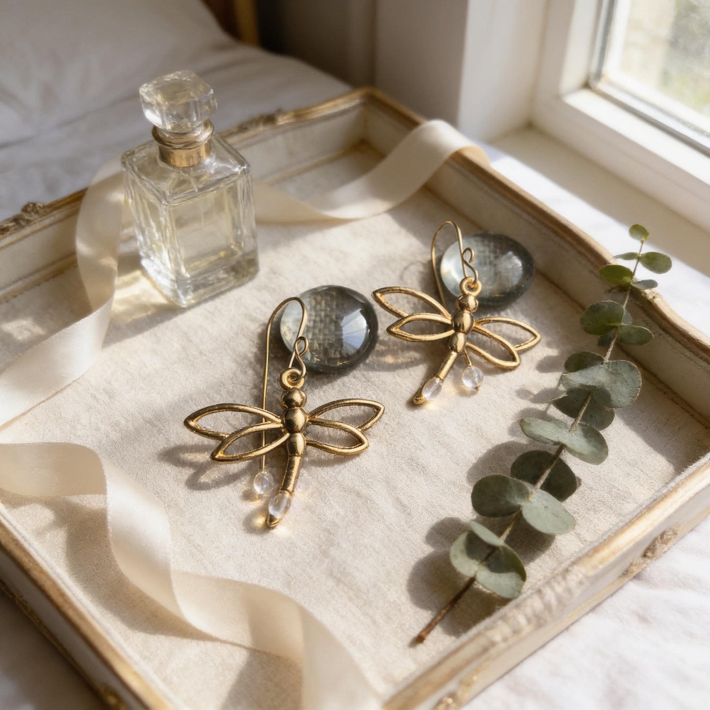 A jewelry tray with a clear perfume bottle, two gold earrings, and a sprig of greenery on a white cloth.