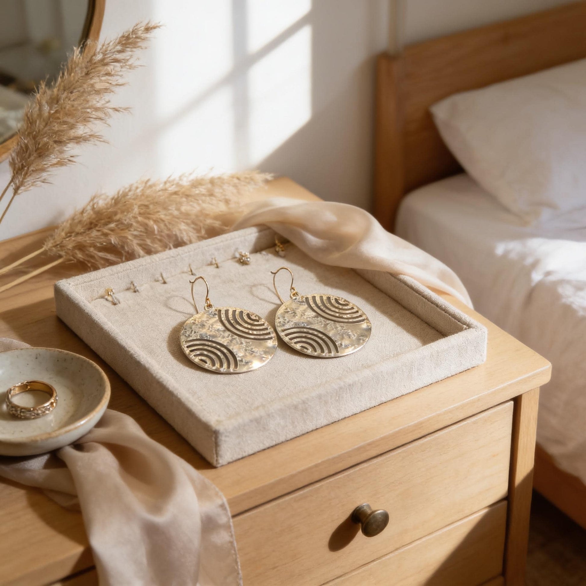 A pair of gold earrings with a circular design rests on a wooden dresser, accompanied by a small bowl containing a ring and a piece of dried reed.