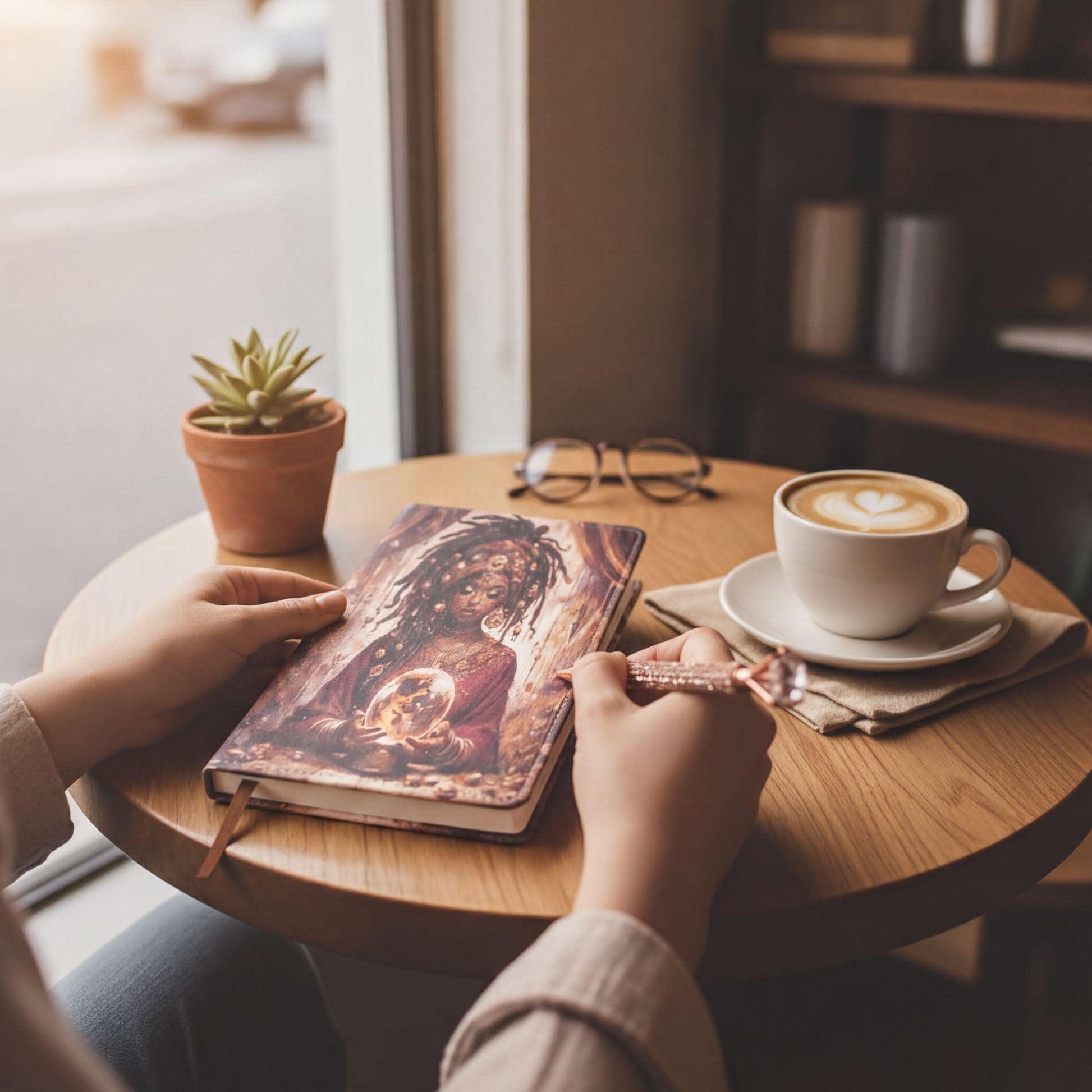 A person's hands are seen writing in a notebook on a wooden table, with a cup of coffee and a potted plant nearby.