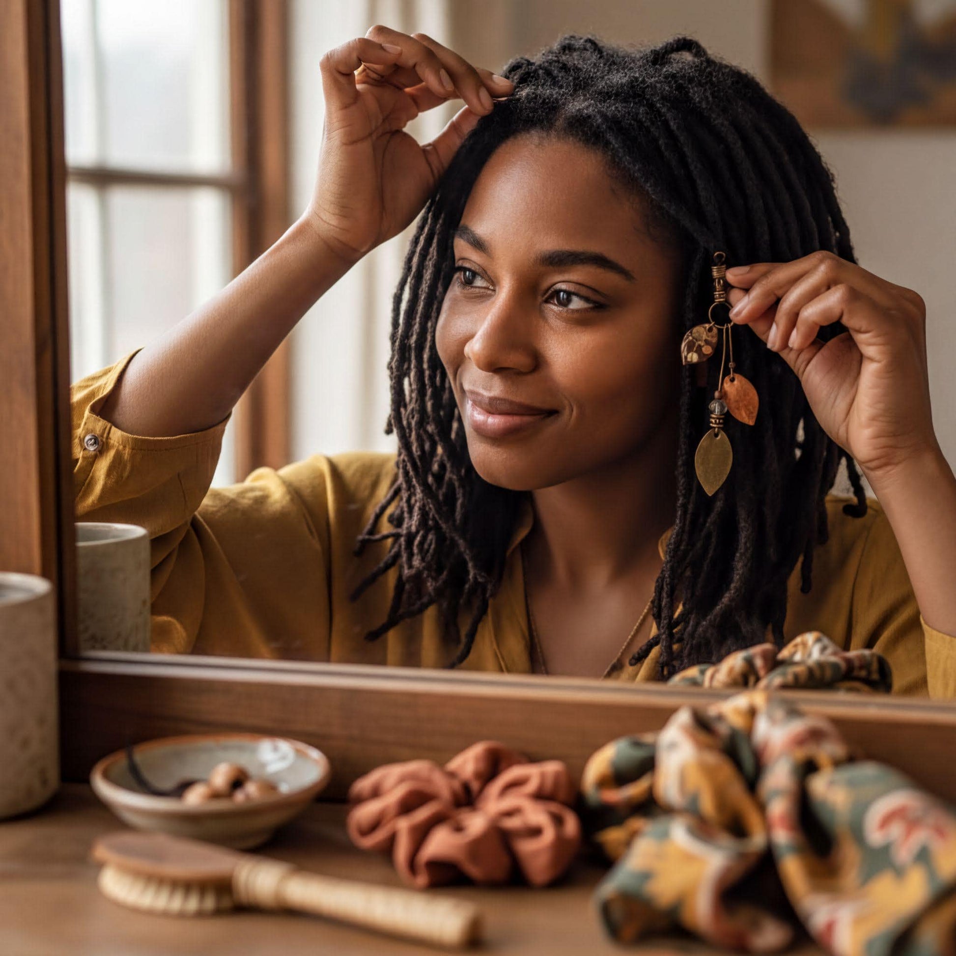 A woman with dreadlocks is smiling and adjusting her earrings in front of a mirror, with various hair accessories and a bowl of snacks on a table in the background.