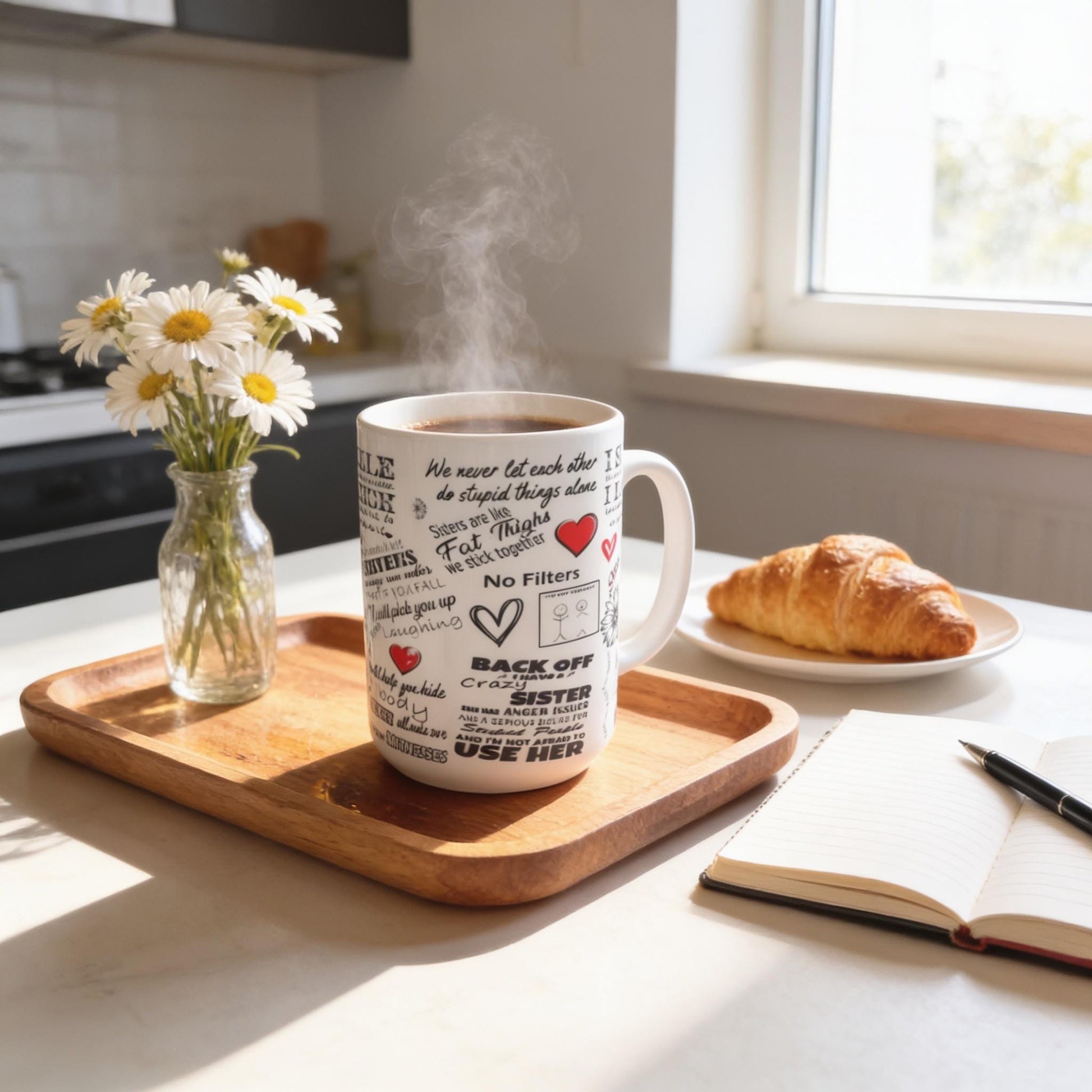 A cozy scene featuring a mug with various sayings, a vase of white daisies, a plate of croissants, and a notebook on a wooden tray.