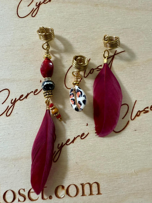 Loc Jewelry, Wild Cuffs | Red Feathers | Cheetah Bead Trio | Handmade Boho Accents | Braids Twists