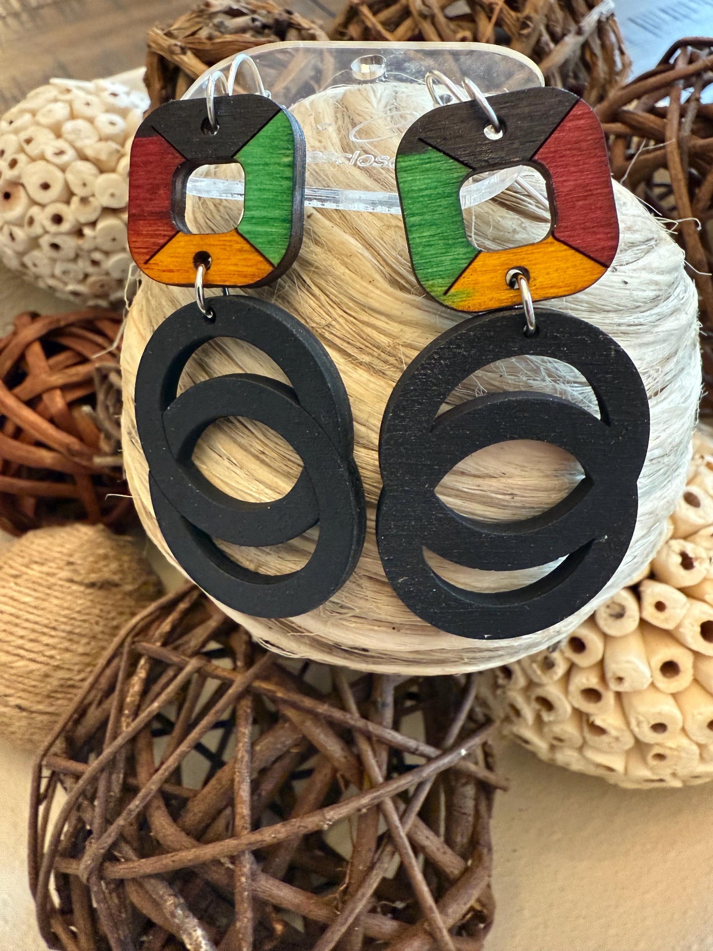 Heritage Vibe | Wooden Statement Earrings, Pan-African Geometric Cutouts - Red Green Yellow Black