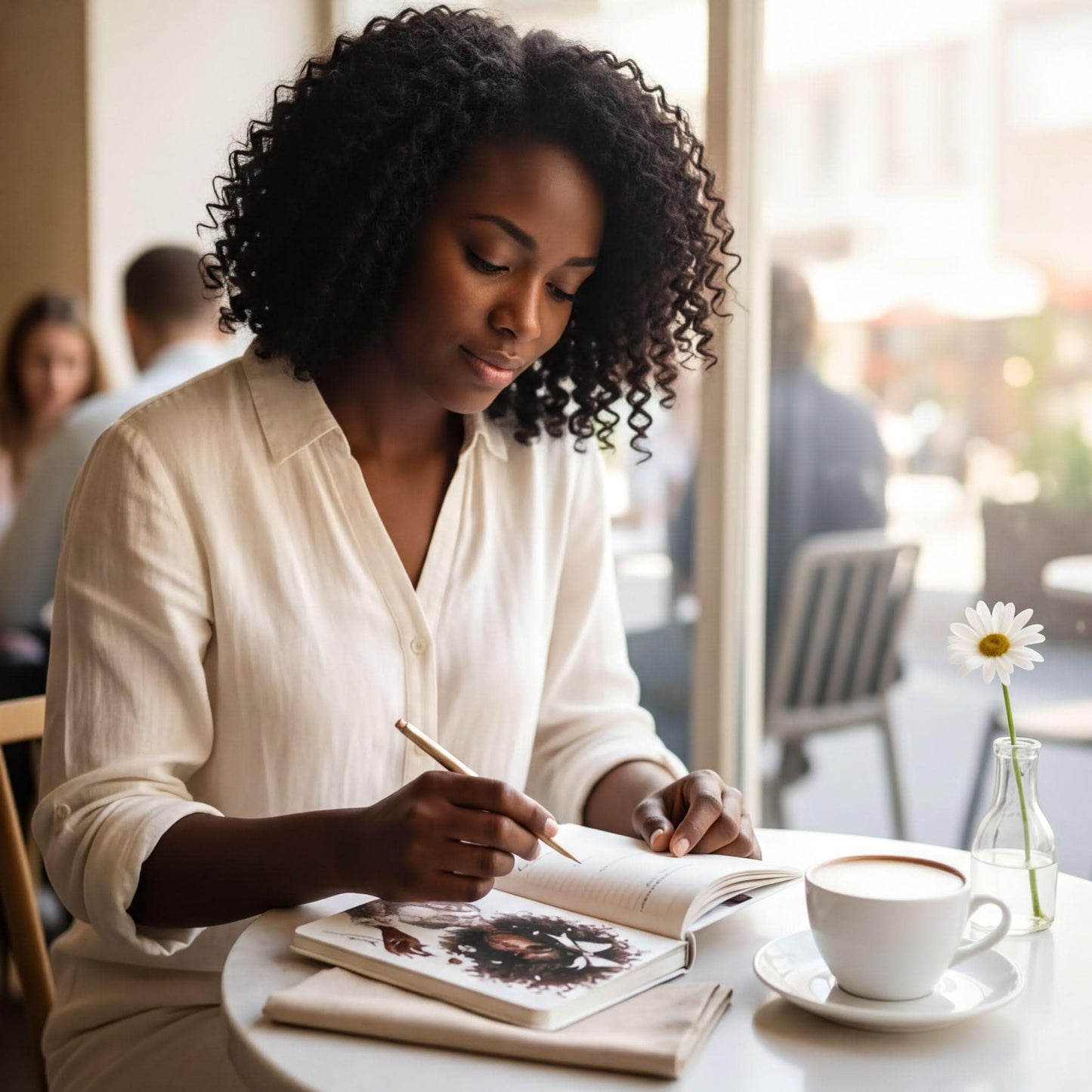 A woman with curly hair is sitting at a table, writing in a notebook while enjoying a cup of coffee.