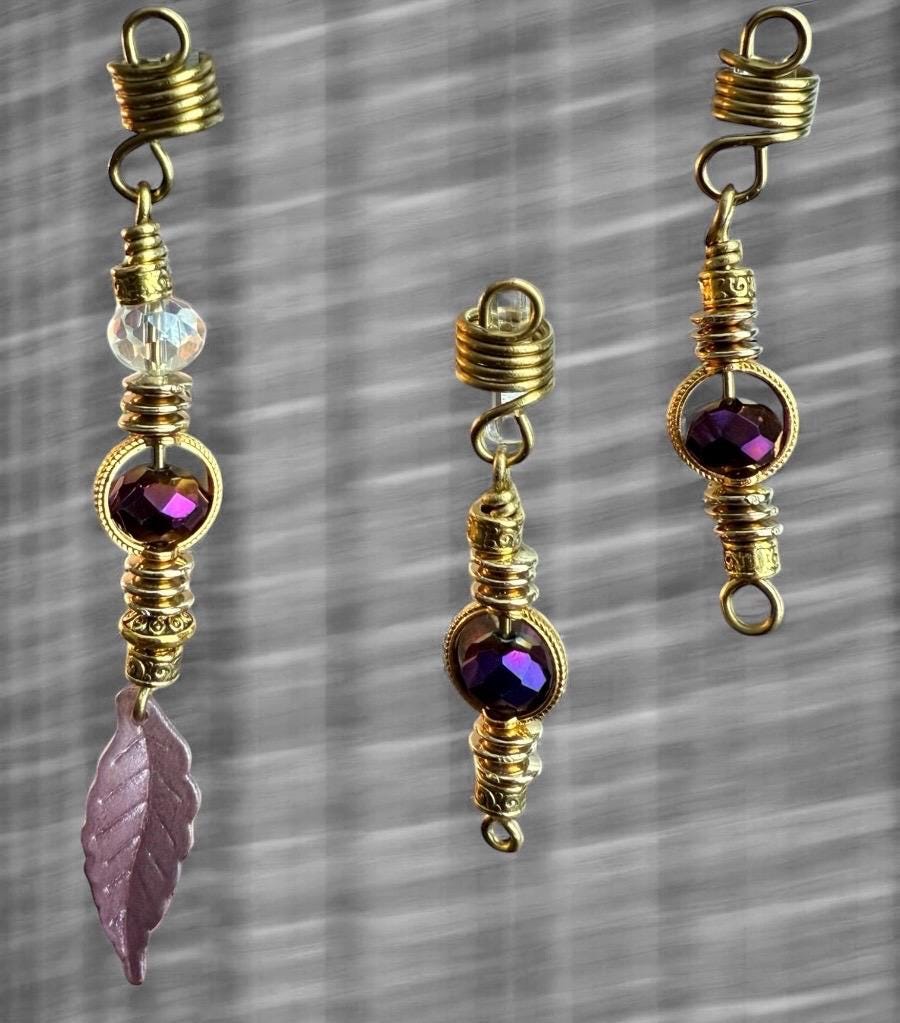 Enchanted Purple Leaf Loc Jewelry Set: Crystal Accent Hair Charms