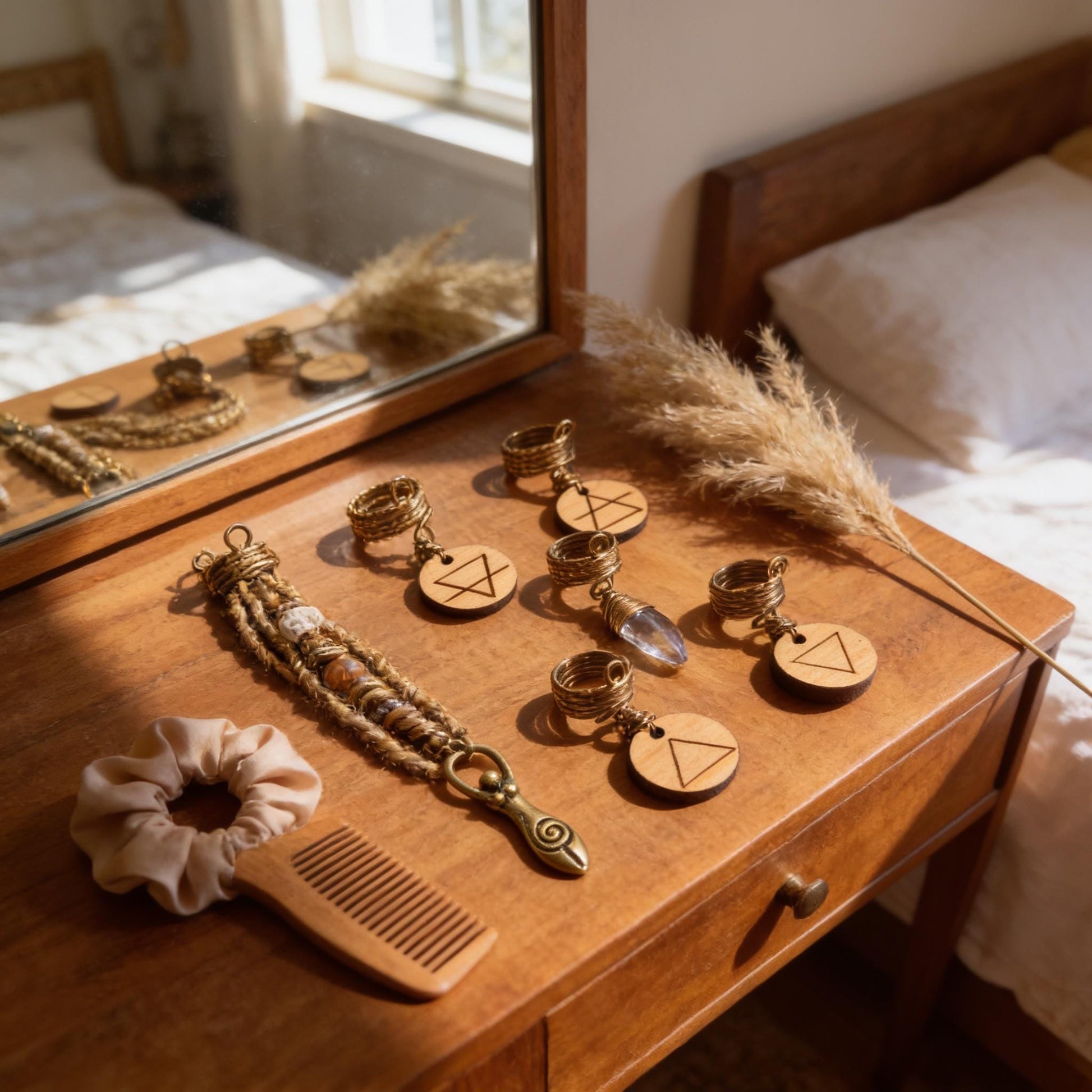 a collection of various wooden accessories, including a wooden comb, wooden rings, and wooden charms, arranged on a wooden surface.
