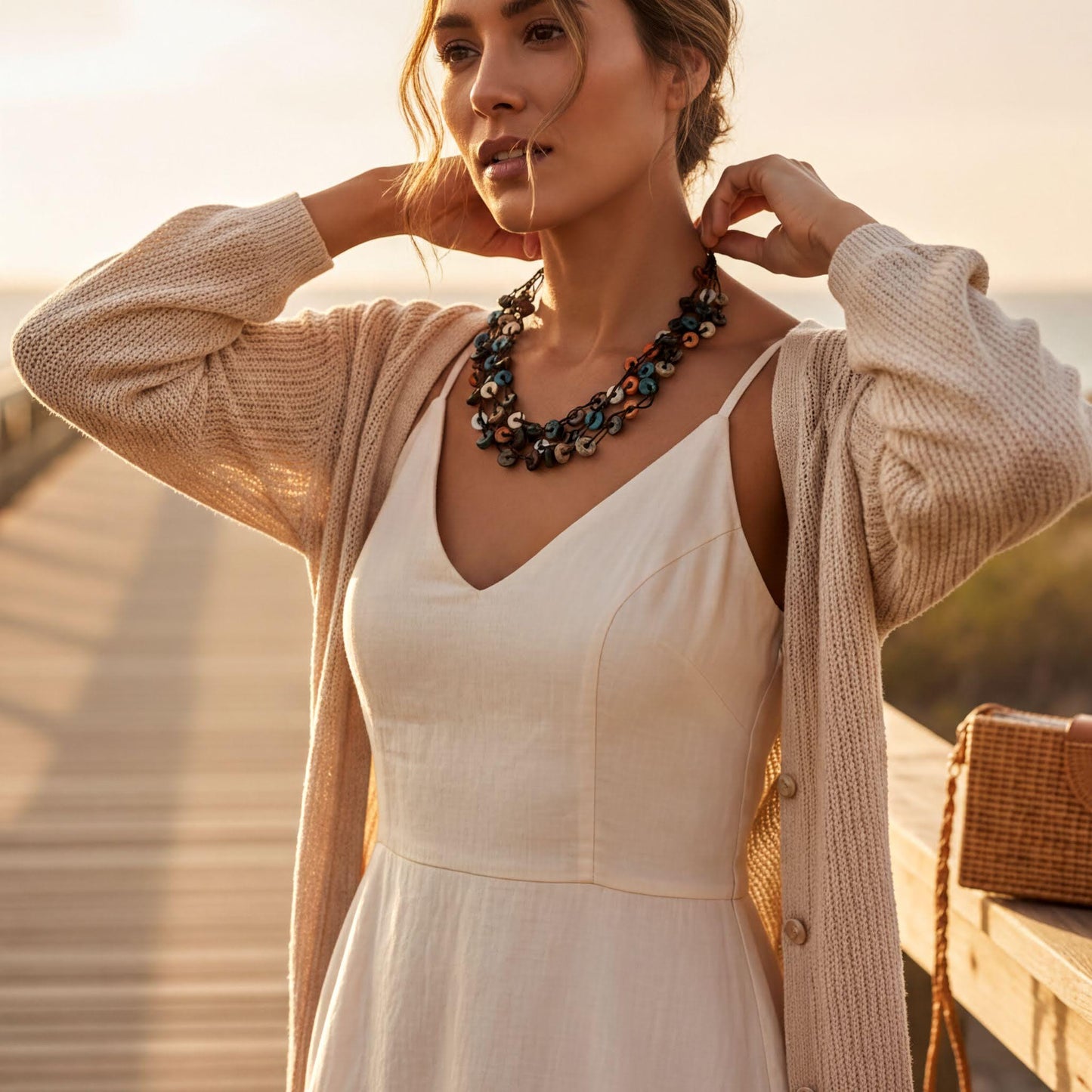 A woman wearing a white dress and a colorful necklace stands on a wooden boardwalk, with a handbag nearby.