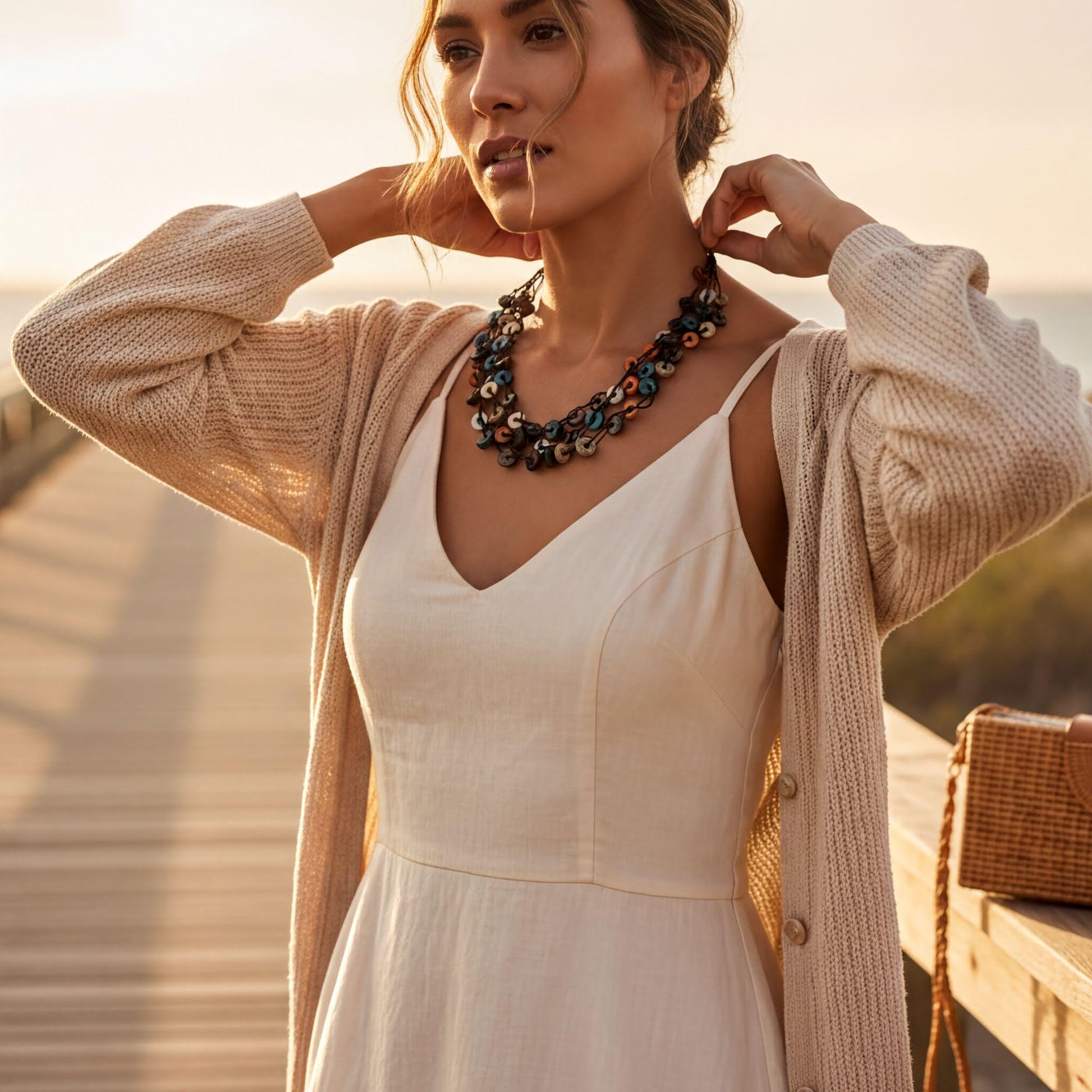 A woman wearing a white dress and a colorful necklace stands on a wooden boardwalk, with a handbag nearby.