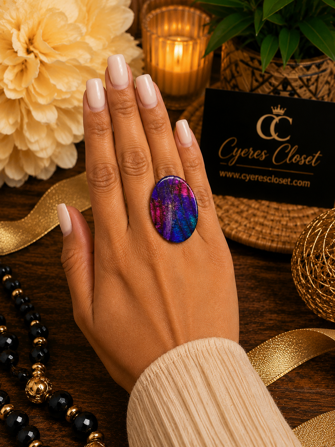 Mystic Aurora Hand-Painted Basswood Boho Statement Ring – Adjustable Ring (Copy)