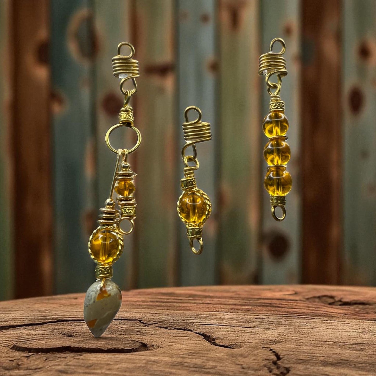 Handmade Amber & Gold Loc Jewelry Set: Tarnish Resistant Braid Charms