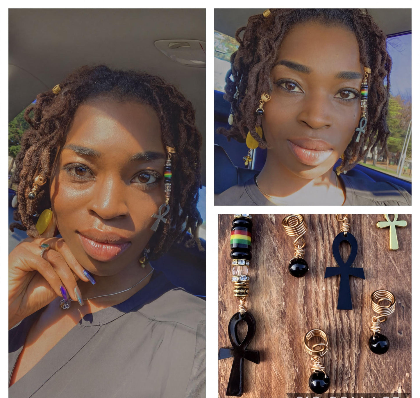 A collage of three images featuring a woman with dreadlocks and various accessories, including necklaces and earrings.