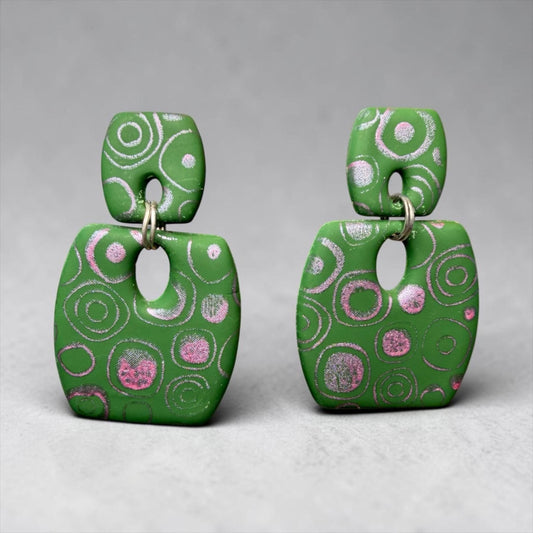 Emerald Swirl Statement Earrings – 2 Metallic Abstract Polymer Clay Jewelry