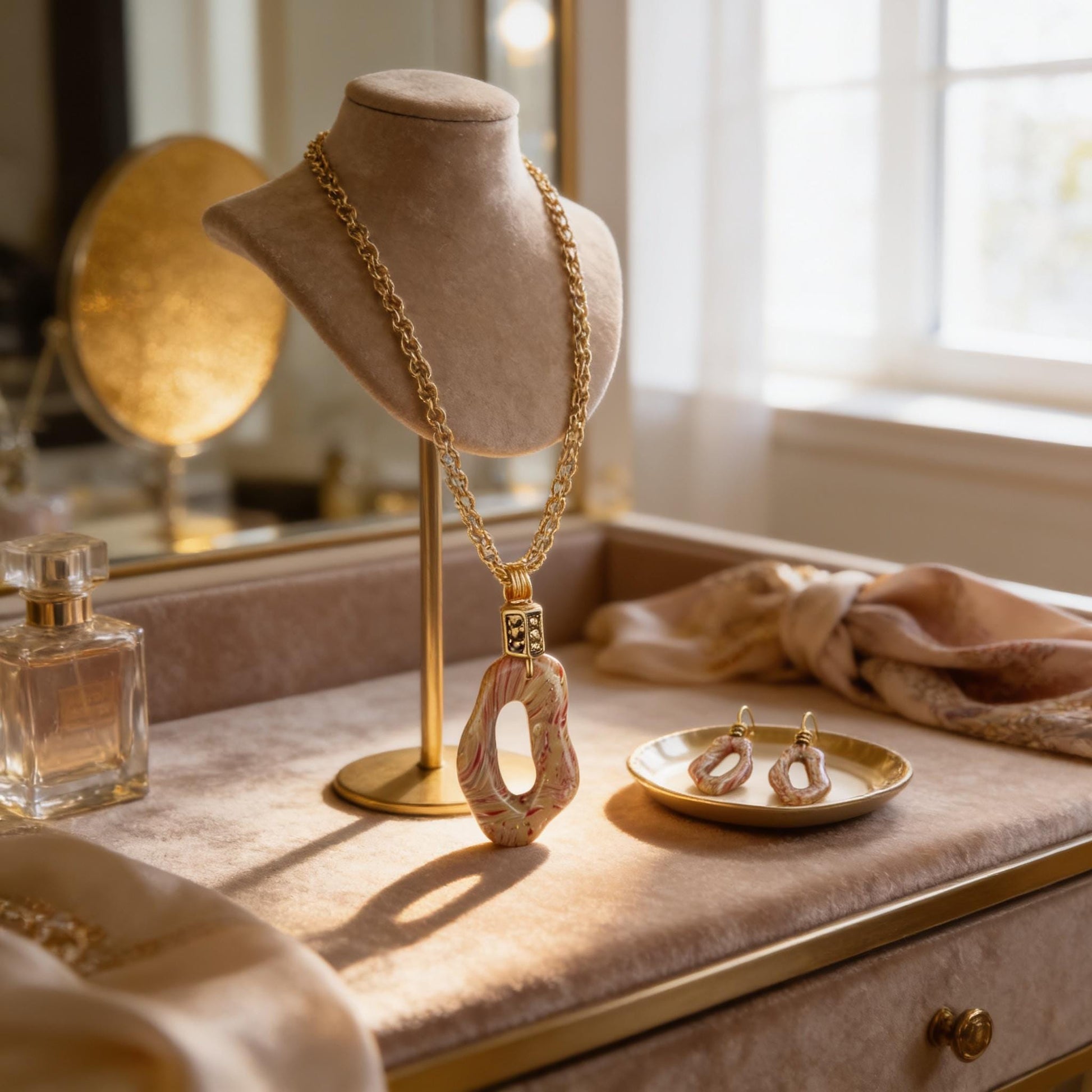 A gold-colored necklace and earrings are displayed on a dresser, with a mirror and a perfume bottle nearby.