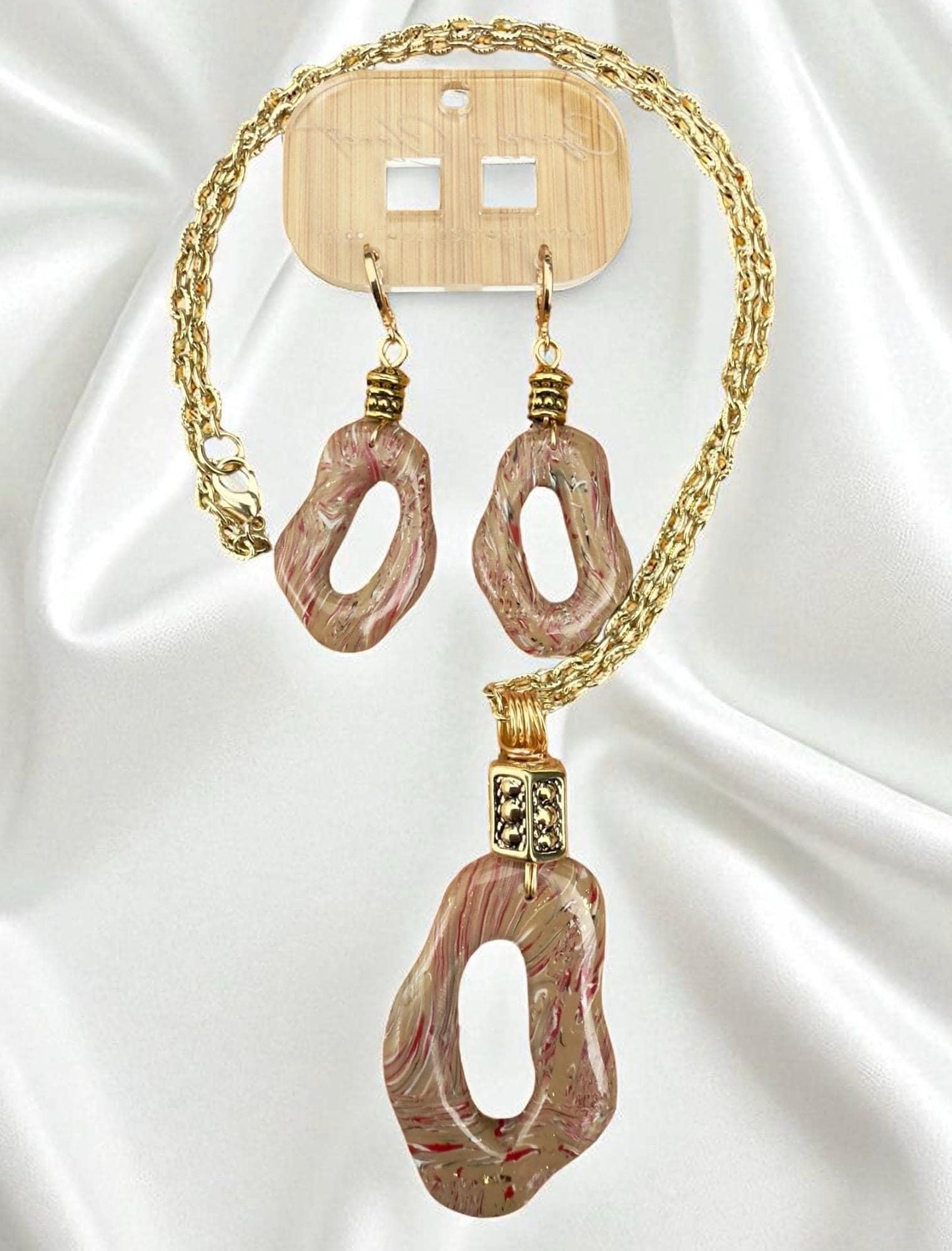 Necklace, Abstract Gilded Swirl JewelrySet | Handmade | Gold-Tone Chain, Rhinestone Accent