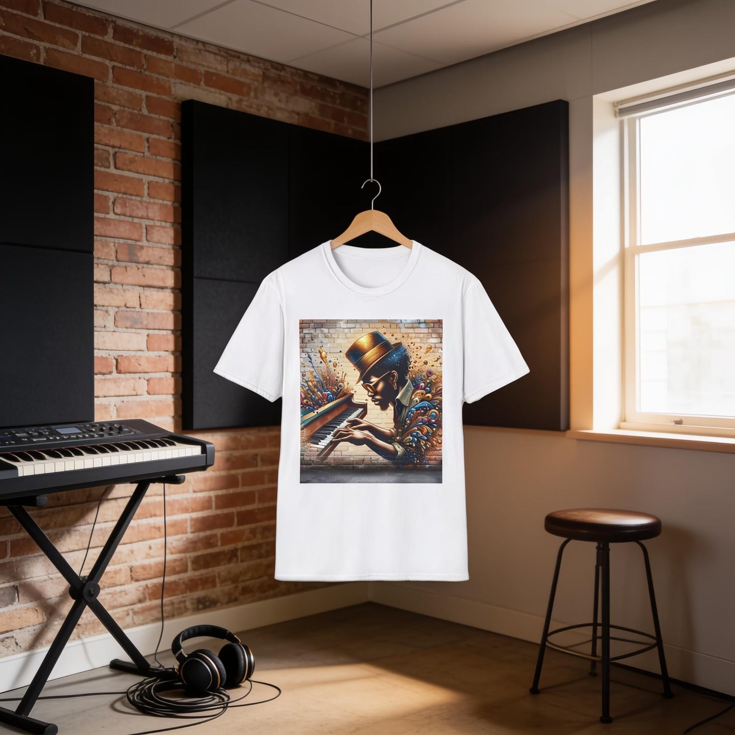 a white t-shirt with an artistic design hanging on a wooden hanger in a room with a brick wall, a piano, and a stool.