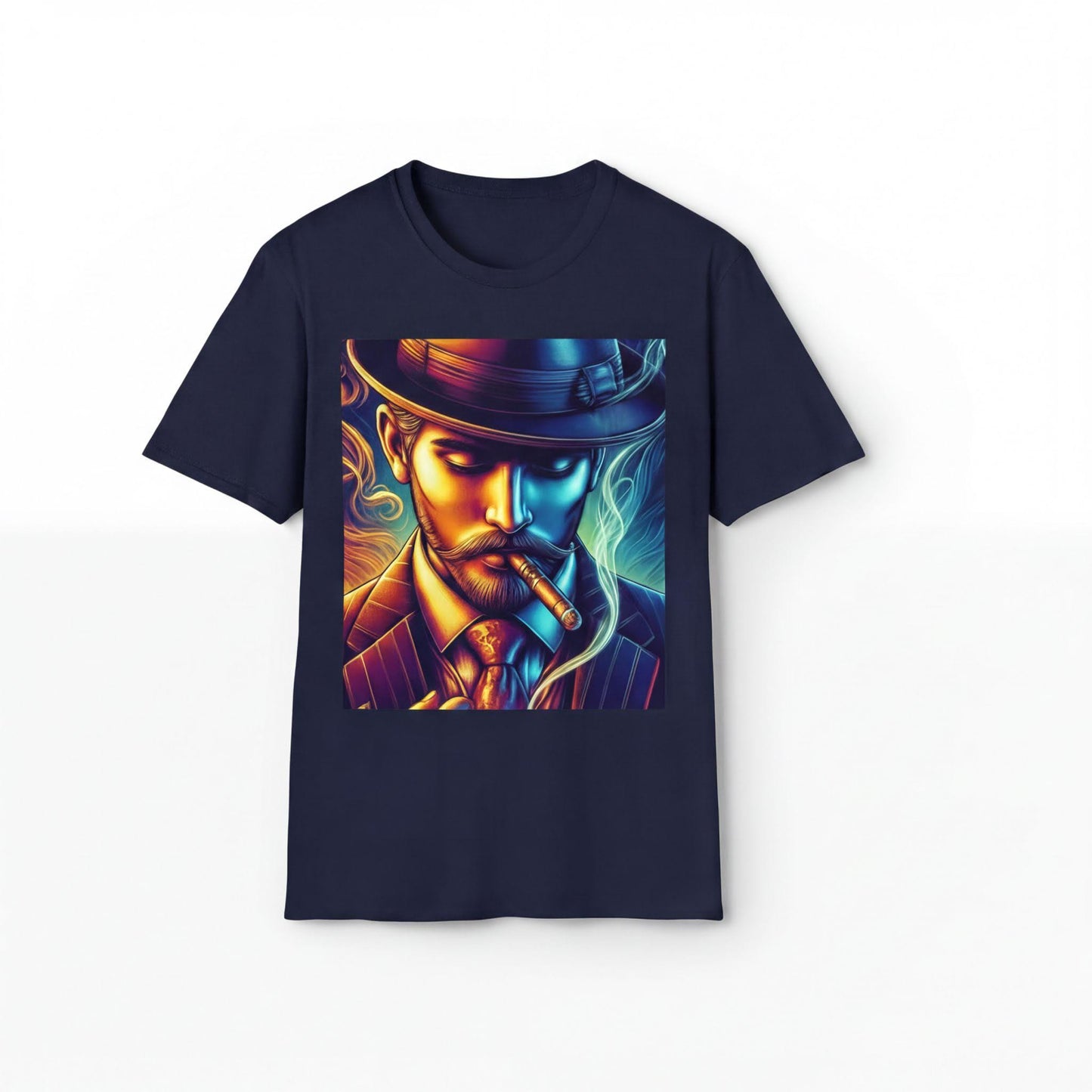 A t-shirt with a colorful graphic design depicting a man wearing a top hat and smoking a cigar.