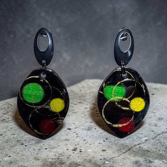 Statement Earrings, Afrocentric Hand-Painted Wood Drops | Red Green Black Gold | Lightweight 2In