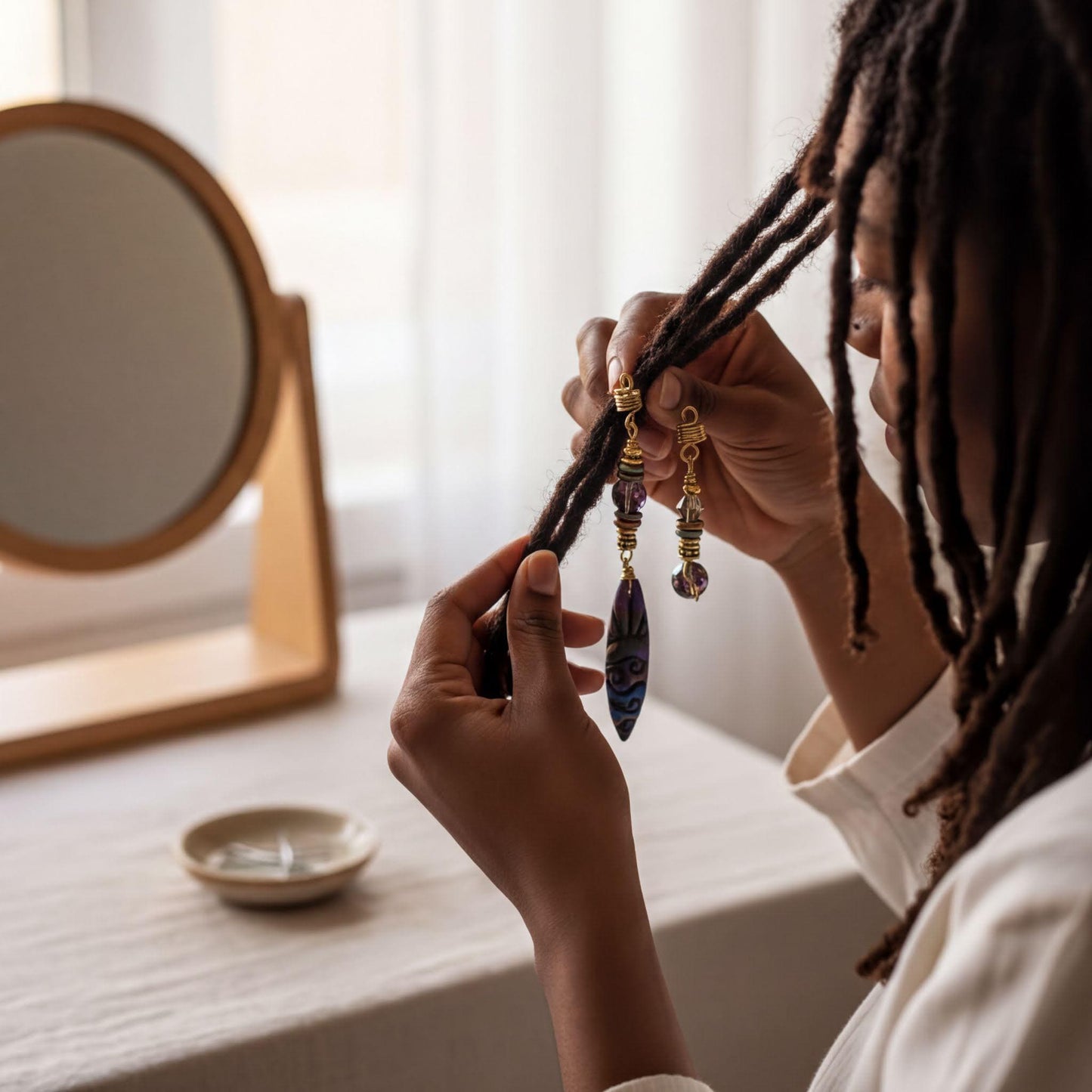 A person with dreadlocks is sitting at a vanity, holding up a pair of earrings and examining their hair.