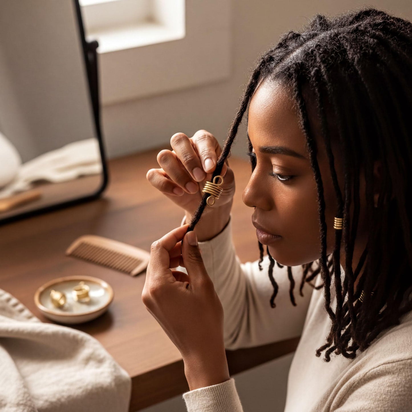 A woman with dreadlocks is sitting at a desk, carefully braiding her hair. She is wearing a white shirt and has a small bowl of jewelry on the desk.