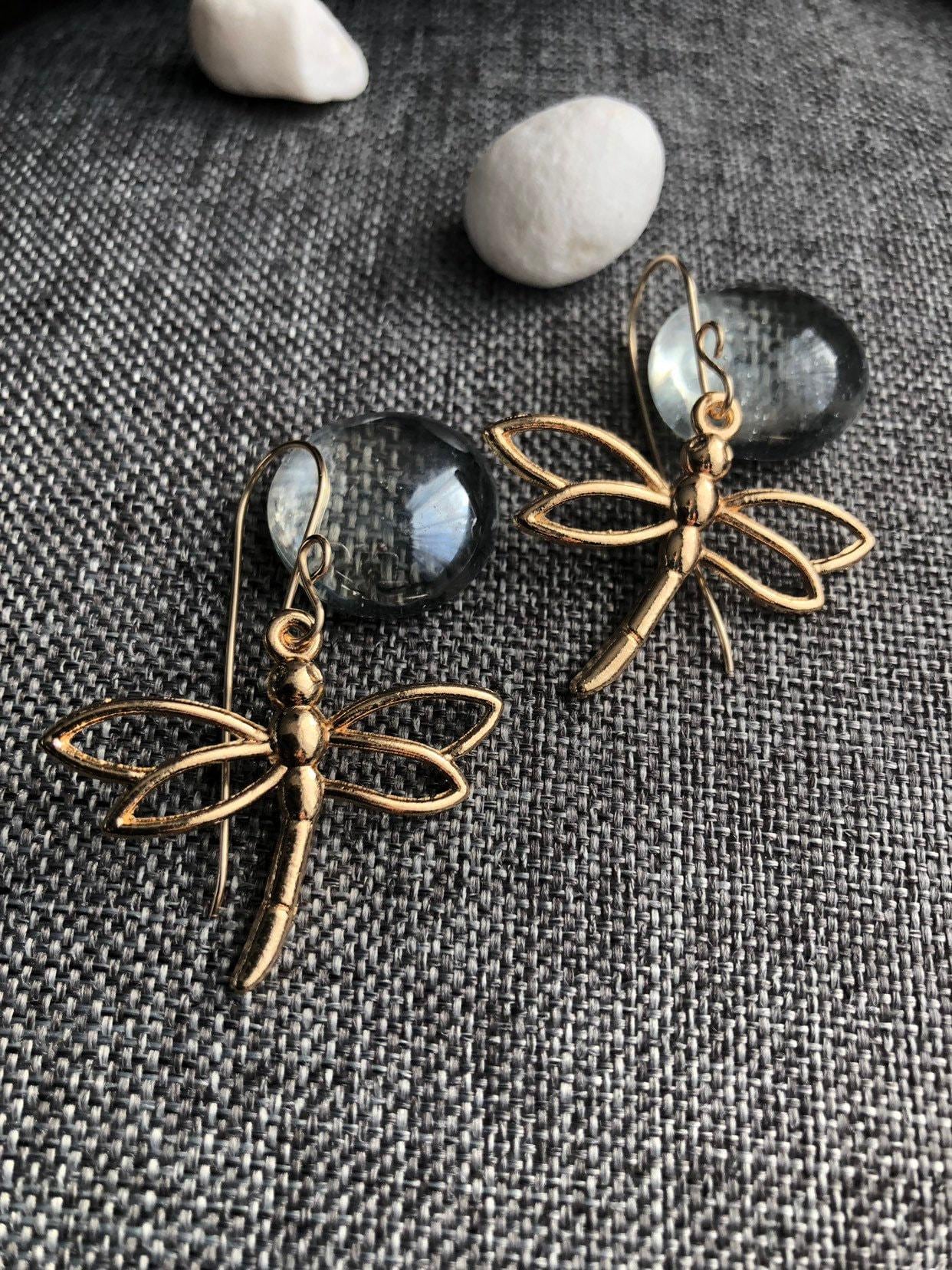 Gold Dragonfly Charm  Earrings | Textured Hoop, Patina Metal, Handmade