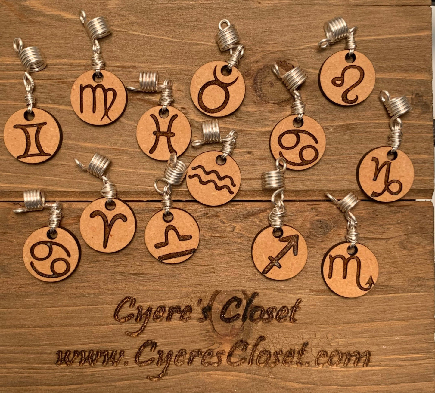 Design's by Cyere Zodiac Symbol Engraved Wood Loc and Braid  Accent Piece