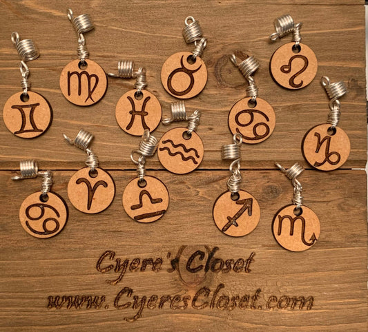 Design's by Cyere Zodiac Symbol Engraved Wood Loc and Braid  Accent Piece