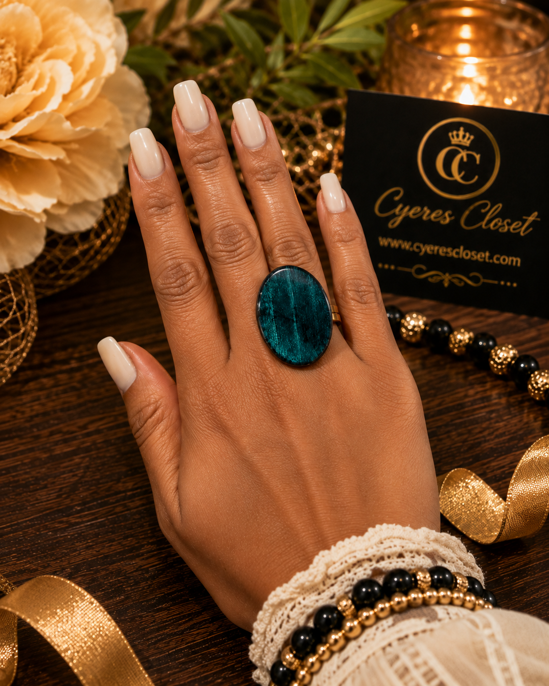 Deep Turquoise Tides Boho Statement Ring – Hand-Painted Basswood Adjustable Ring
