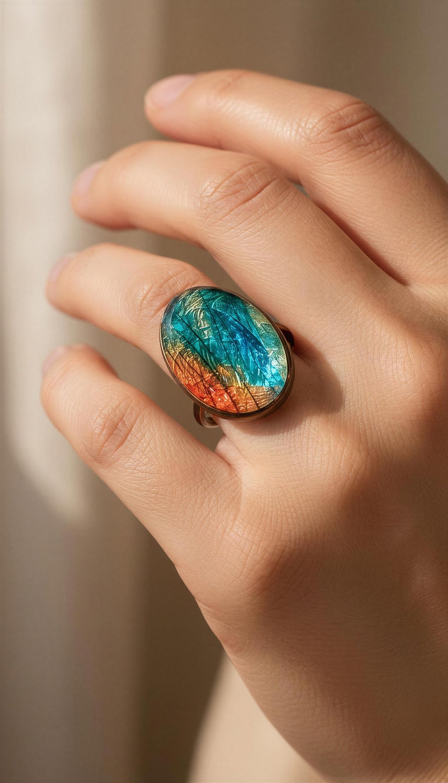A close-up image of a hand wearing a ring with a colorful stone, possibly a gemstone, on the finger.