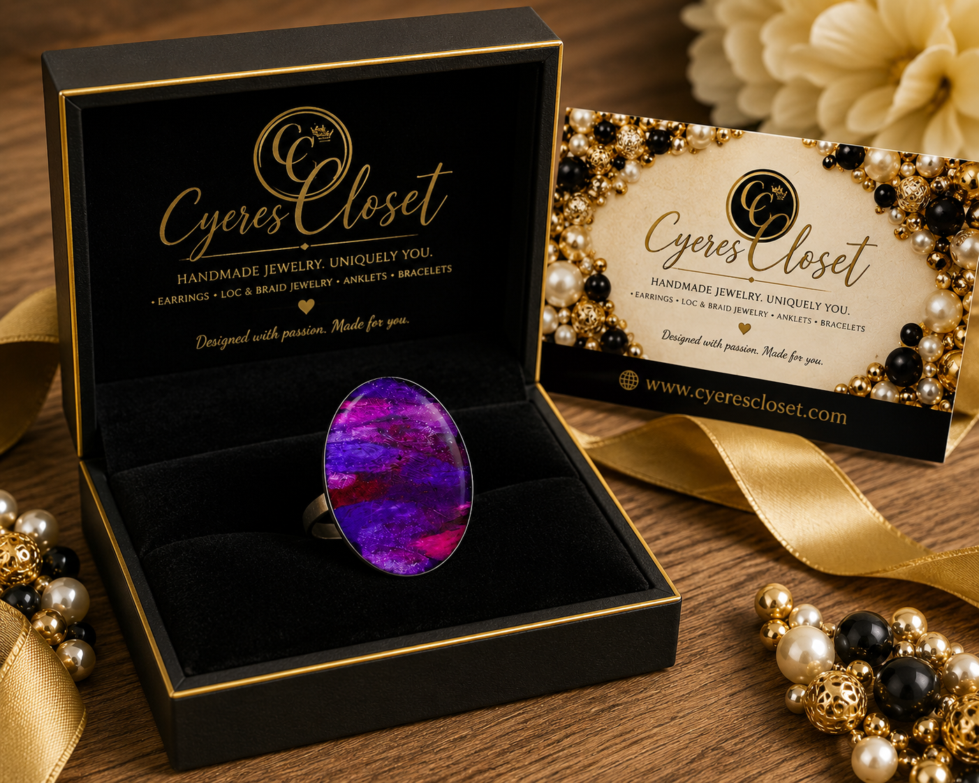 Hand-Painted Purple Basswood Boho Statement Ring – 1.5” Lightweight Adjustable Ring