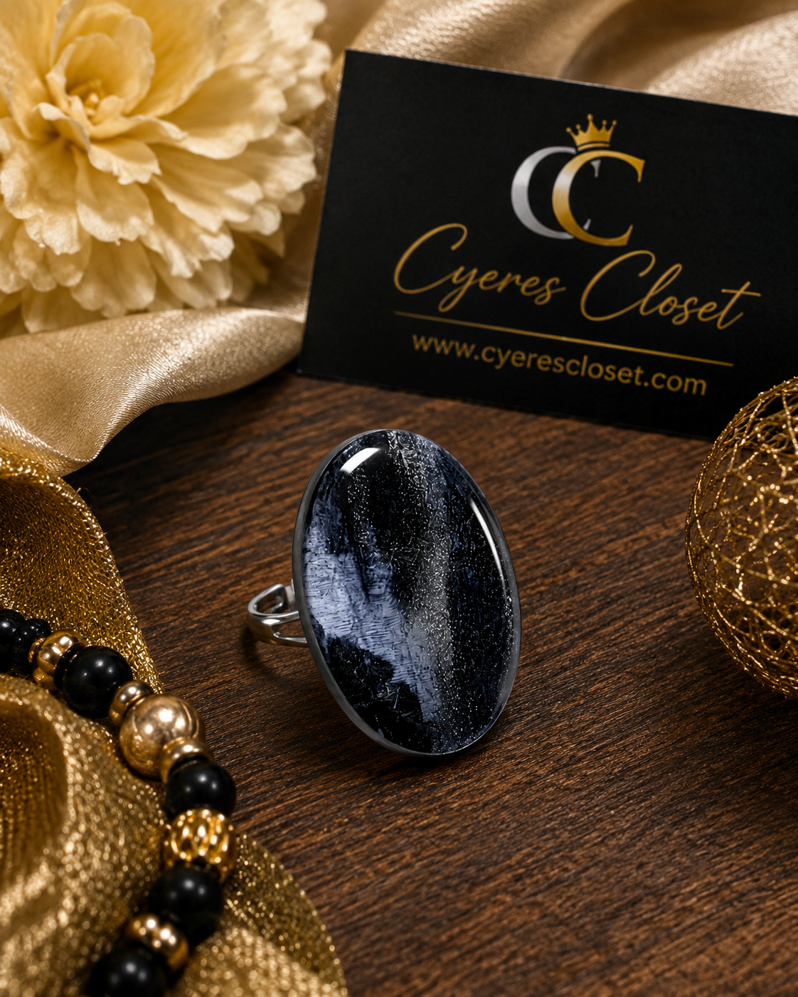 Midnight Muse Black & Blue Hand-Painted Oval Statement Ring – Adjustable Boho Jewelry