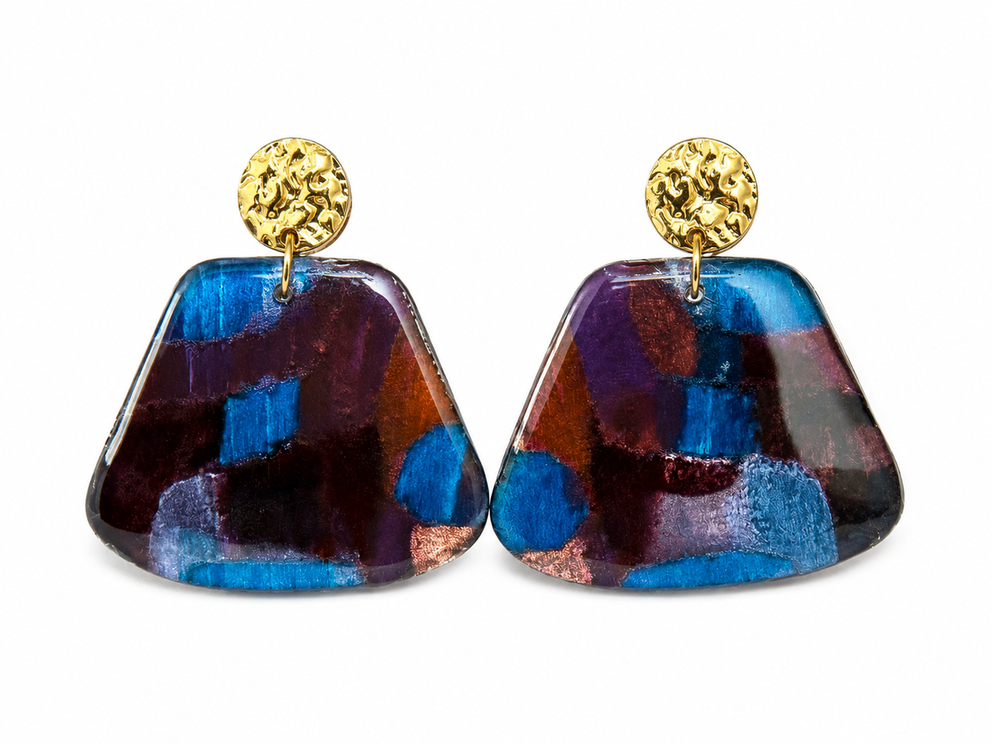 Royal Rhapsody – Hand-Painted Abstract Basswood Statement Earrings – Blue, Purple & Gold