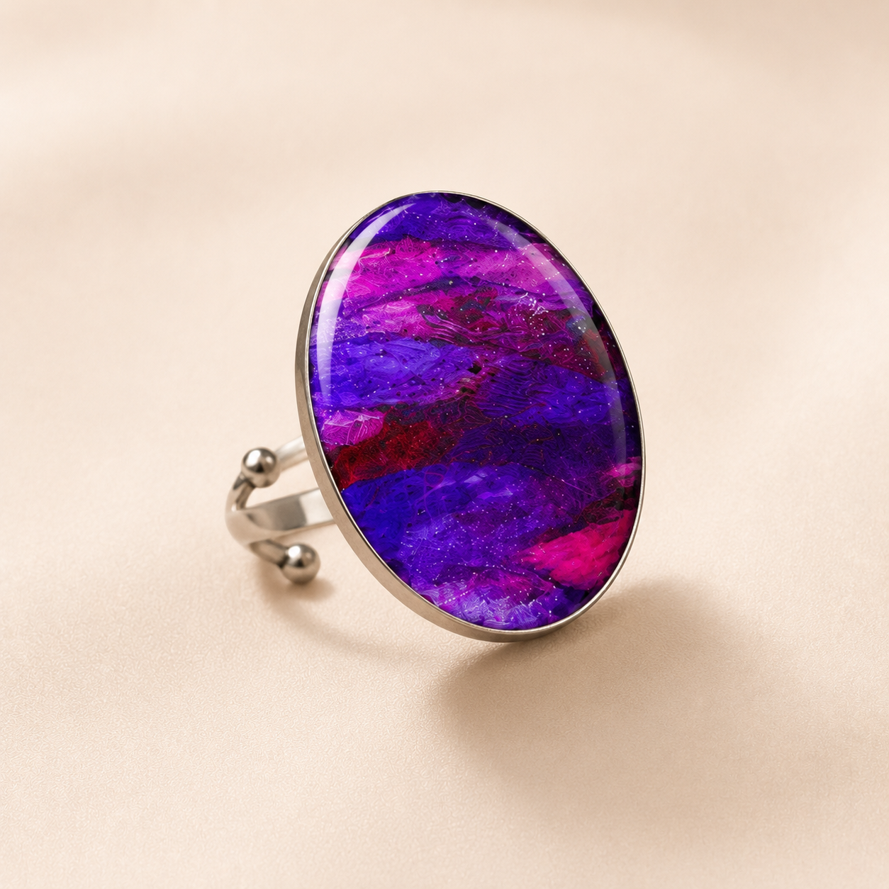 Hand-Painted Purple Basswood Boho Statement Ring – 1.5” Lightweight Adjustable Ring