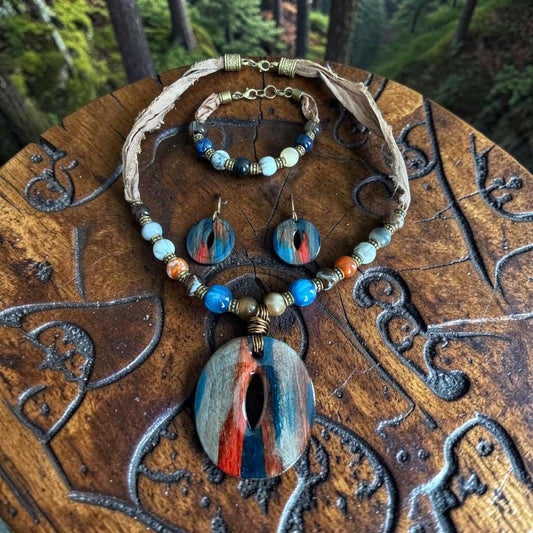 Boho Jewelry Set, Sari Silk Necklace, Hand Painted Wood Necklace, Statement Necklace, Beaded Jewelry Set, Artisan Earrings Bracelet