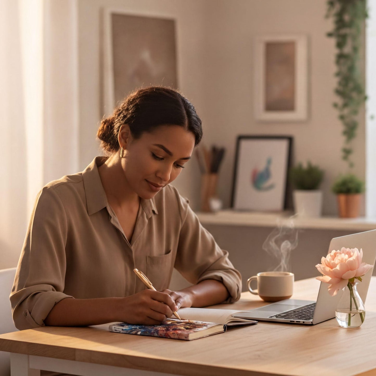 A woman is sitting at a desk, writing in a notebook while a laptop and a cup of coffee are nearby.