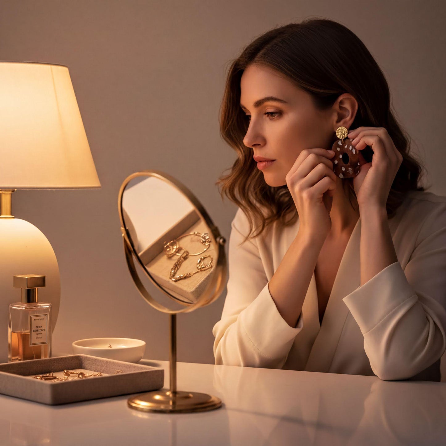 A woman is sitting at a table, wearing a white blazer and earrings, and looking at herself in a mirror.