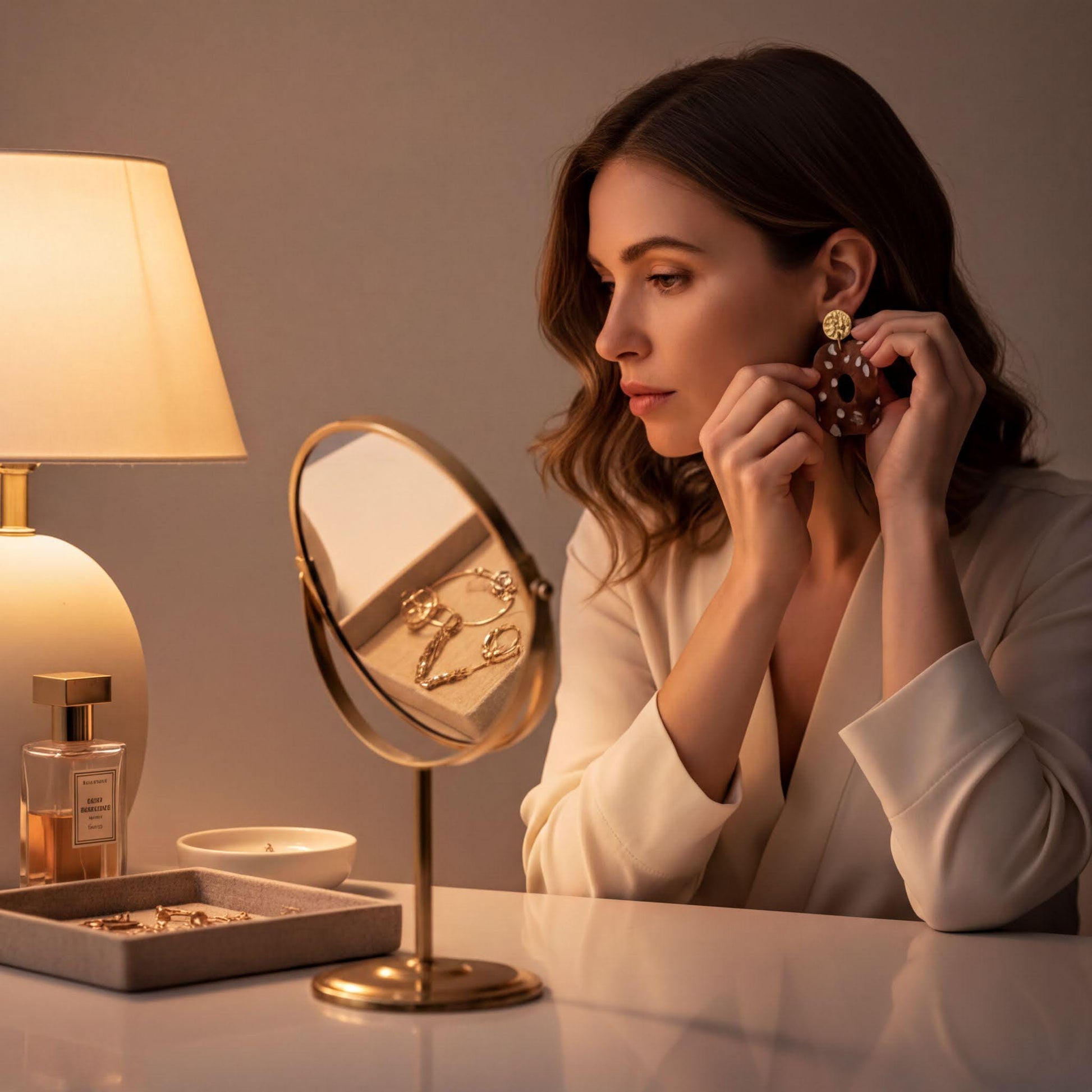 A woman is sitting at a table, wearing a white blazer and earrings, and looking at herself in a mirror.